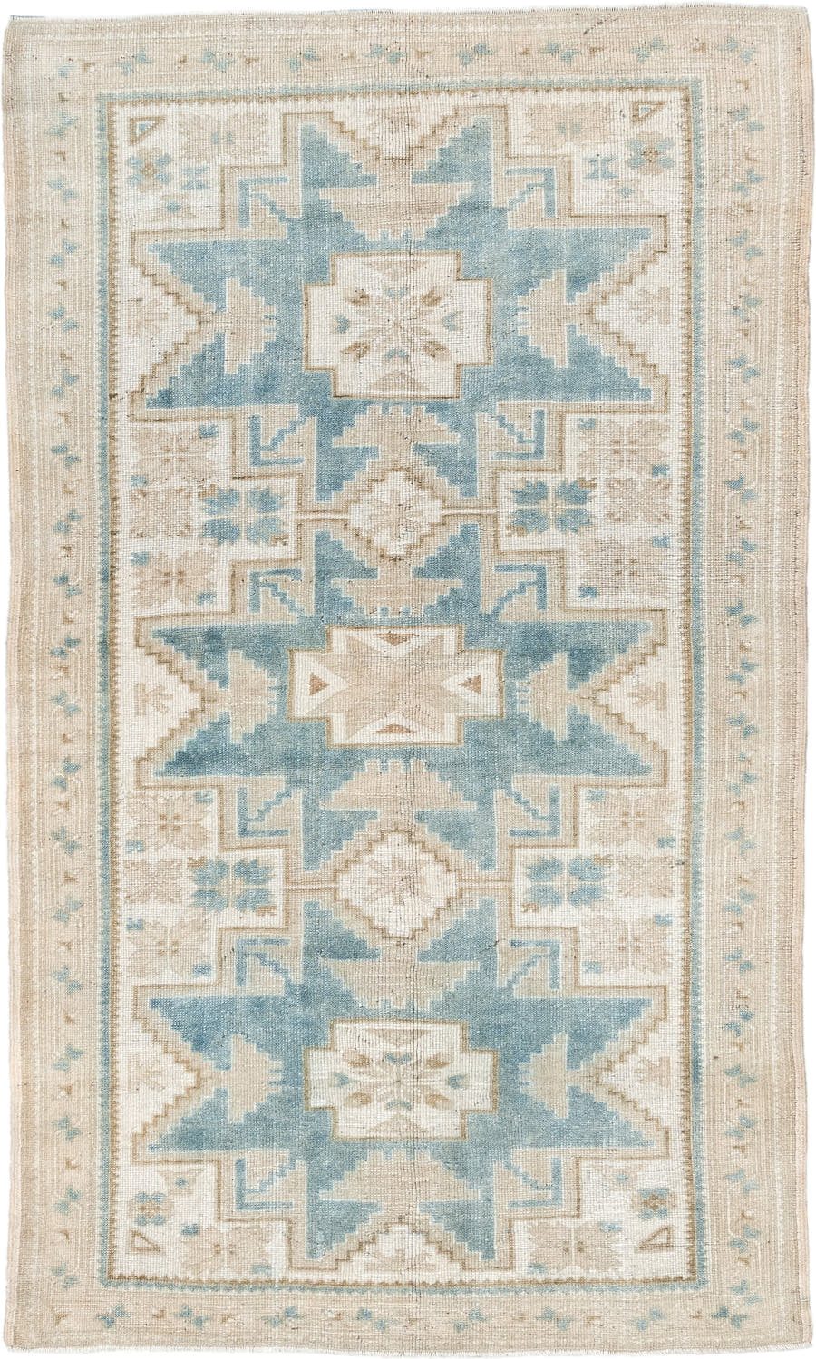 3' x 6' one-of-a-kind handmade vintage Anatolian small size rug. Color palette: ivory, pale blue, beige, taupe, light blue