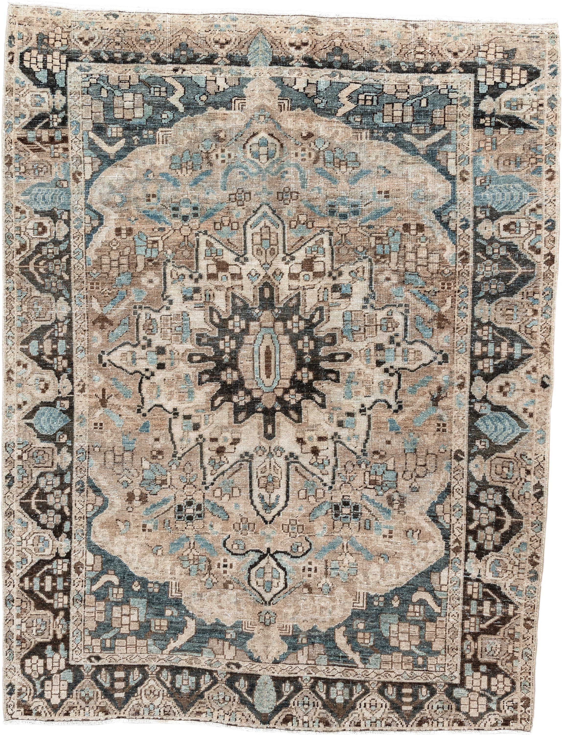 5' x 7' one-of-a-kind handmade vintage Baktiary rug. Color palette: ivory, taupe, aqua, brown, charcoal, cream, beige, gray
