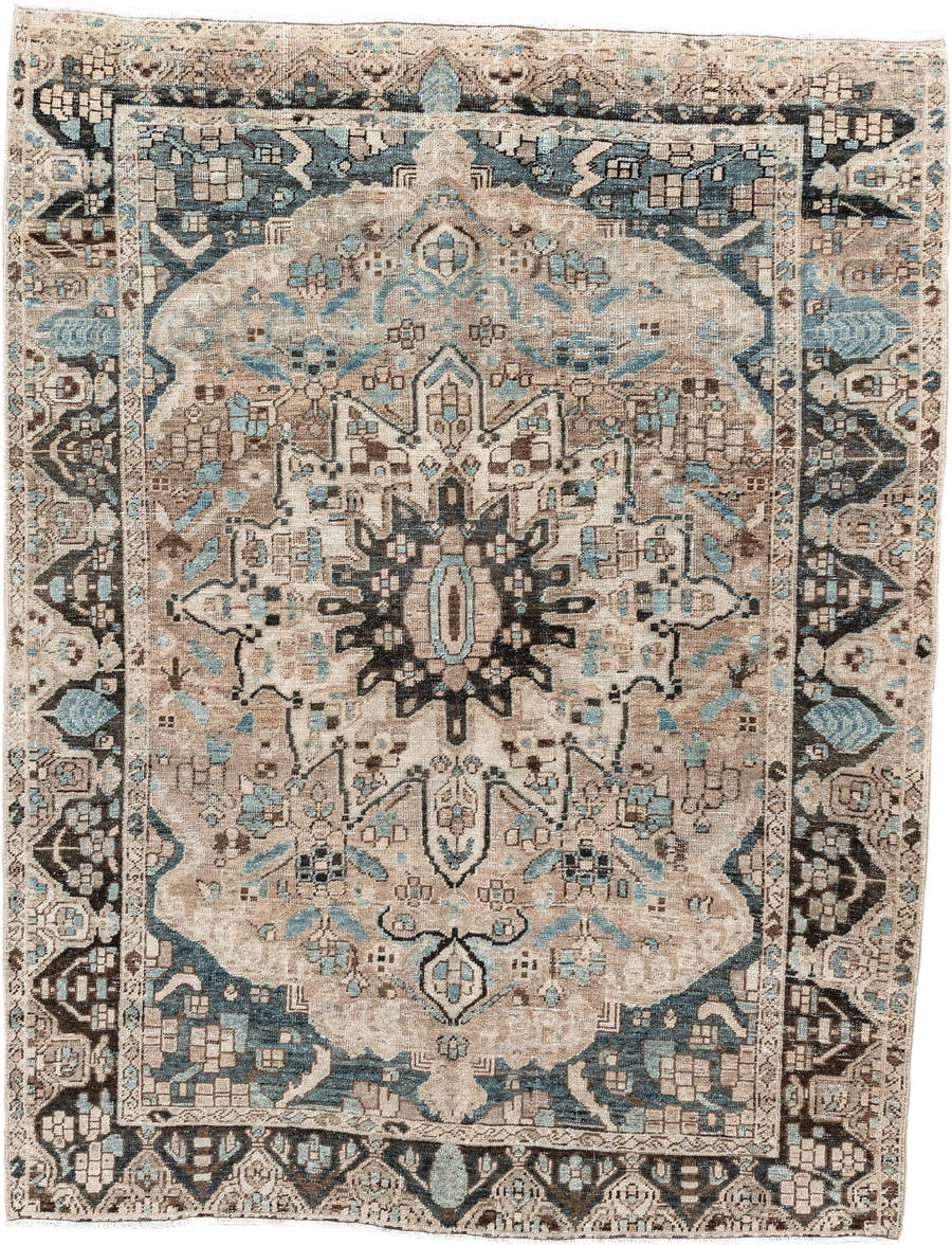 5' x 7' one-of-a-kind handmade vintage Baktiary rug. Color palette: ivory, taupe, aqua, brown, charcoal, cream, beige, gray