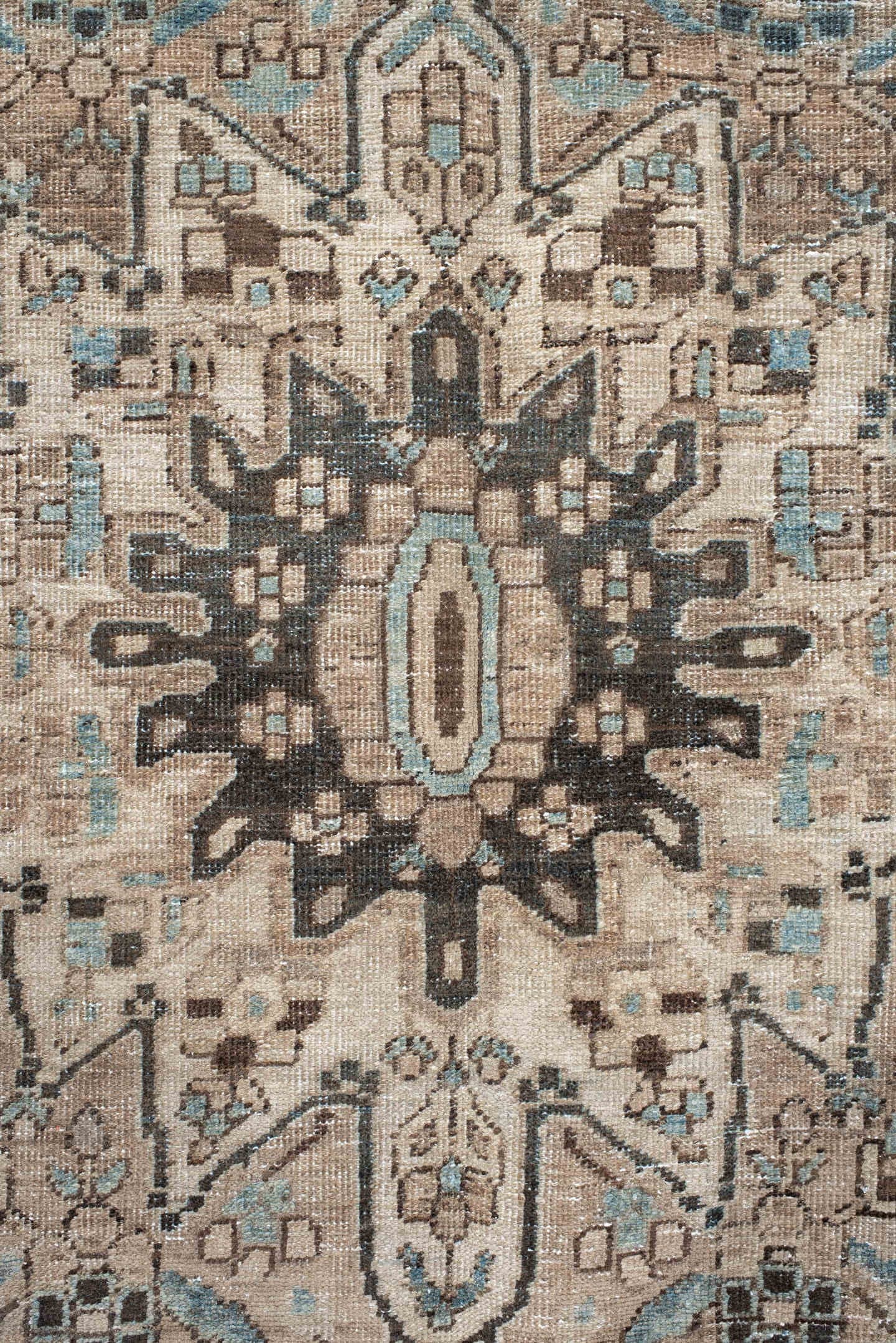 5' x 7' one-of-a-kind handmade vintage Baktiary rug. Color palette: ivory, taupe, aqua, brown, charcoal, cream, beige, gray