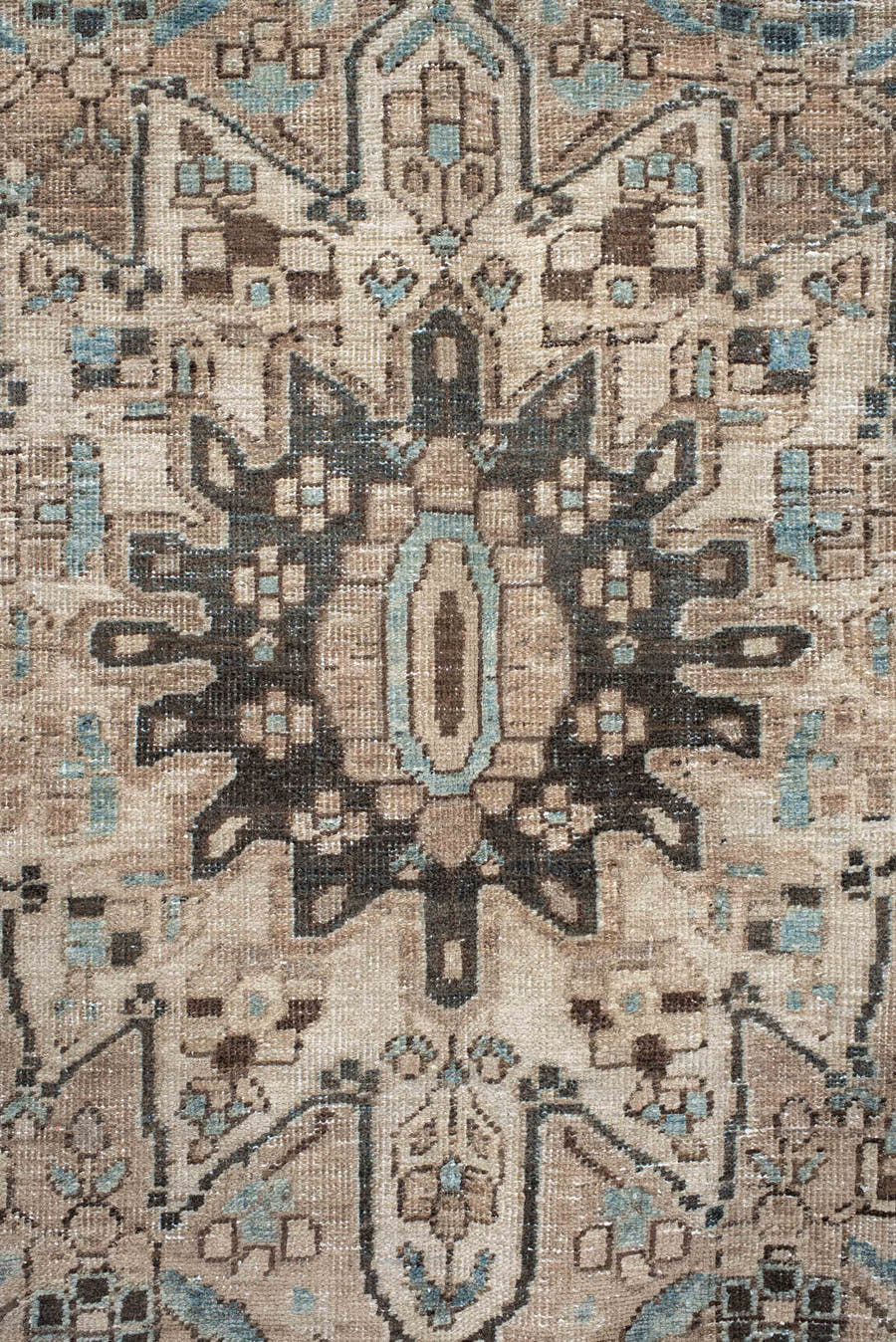 5' x 7' one-of-a-kind handmade vintage Baktiary rug. Color palette: ivory, taupe, aqua, brown, charcoal, cream, beige, gray