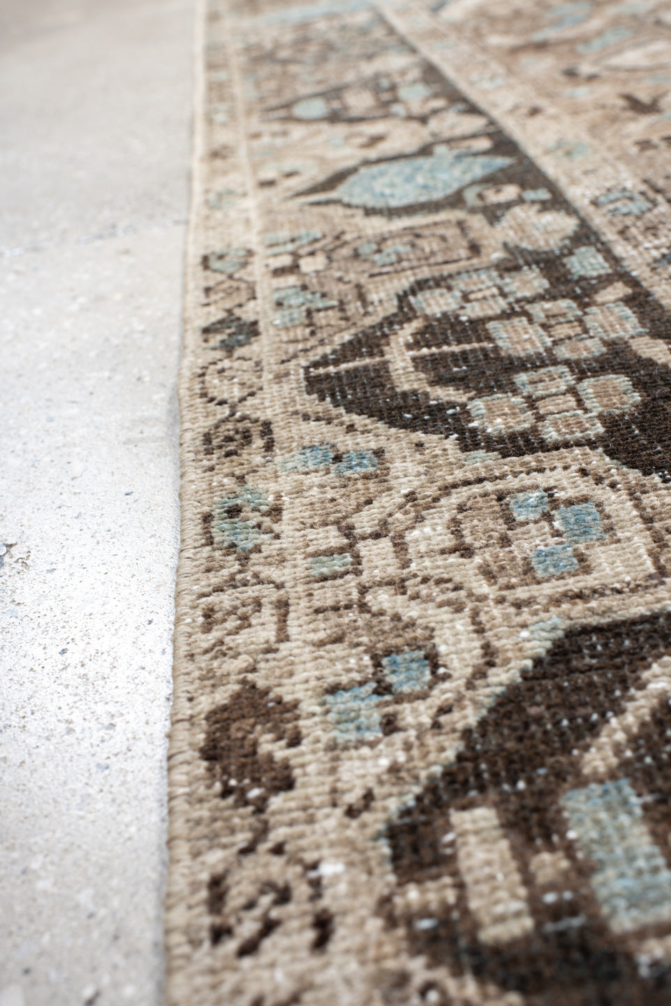5' x 7' one-of-a-kind handmade vintage Baktiary rug. Color palette: ivory, taupe, aqua, brown, charcoal, cream, beige, gray