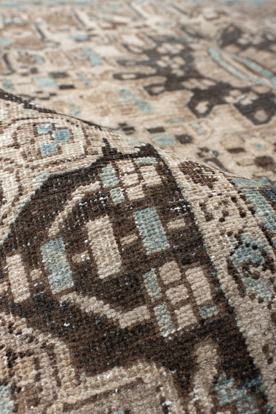 5' x 7' one-of-a-kind handmade vintage Baktiary rug. Color palette: ivory, taupe, aqua, brown, charcoal, cream, beige, gray
