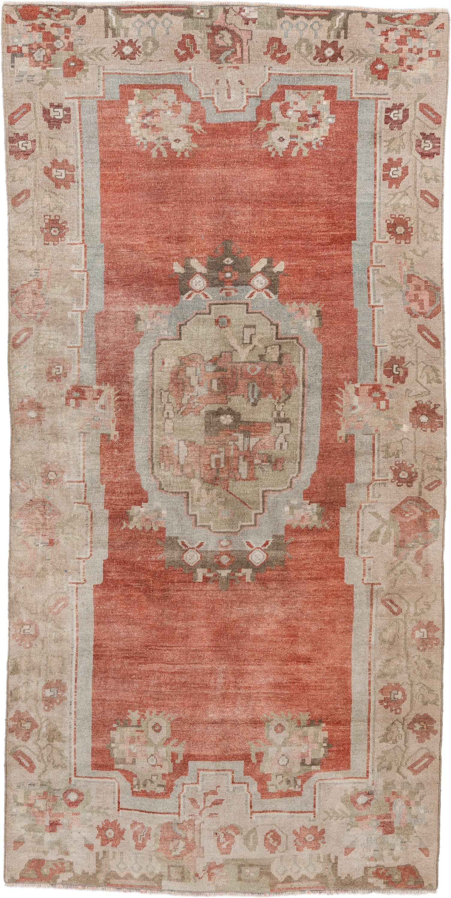 4' x 8' one-of-a-kind handmade antique Anatolian runner rug. Color palette: terra cotta, ivory, sage, taupe, rose, rust