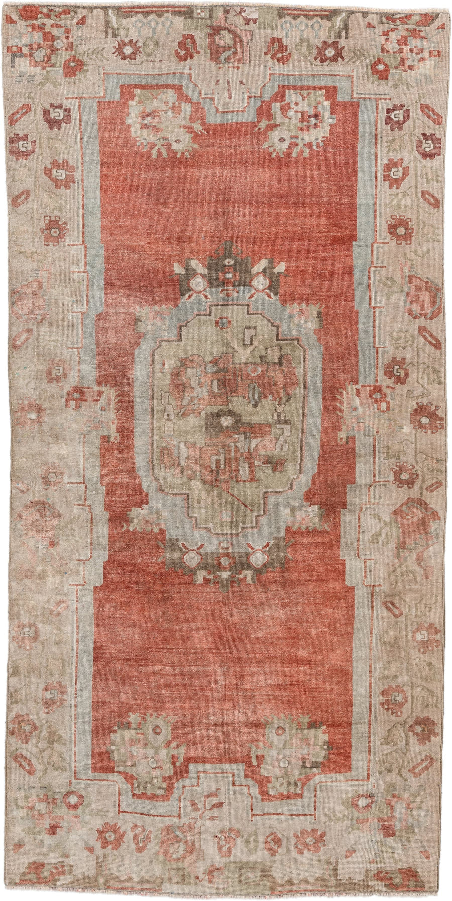 4' x 8' one-of-a-kind handmade antique Anatolian runner rug. Color palette: terra cotta, ivory, sage, taupe, rose, rust