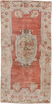 4' x 8' one-of-a-kind handmade antique Anatolian runner rug. Color palette: terra cotta, ivory, sage, taupe, rose, rust