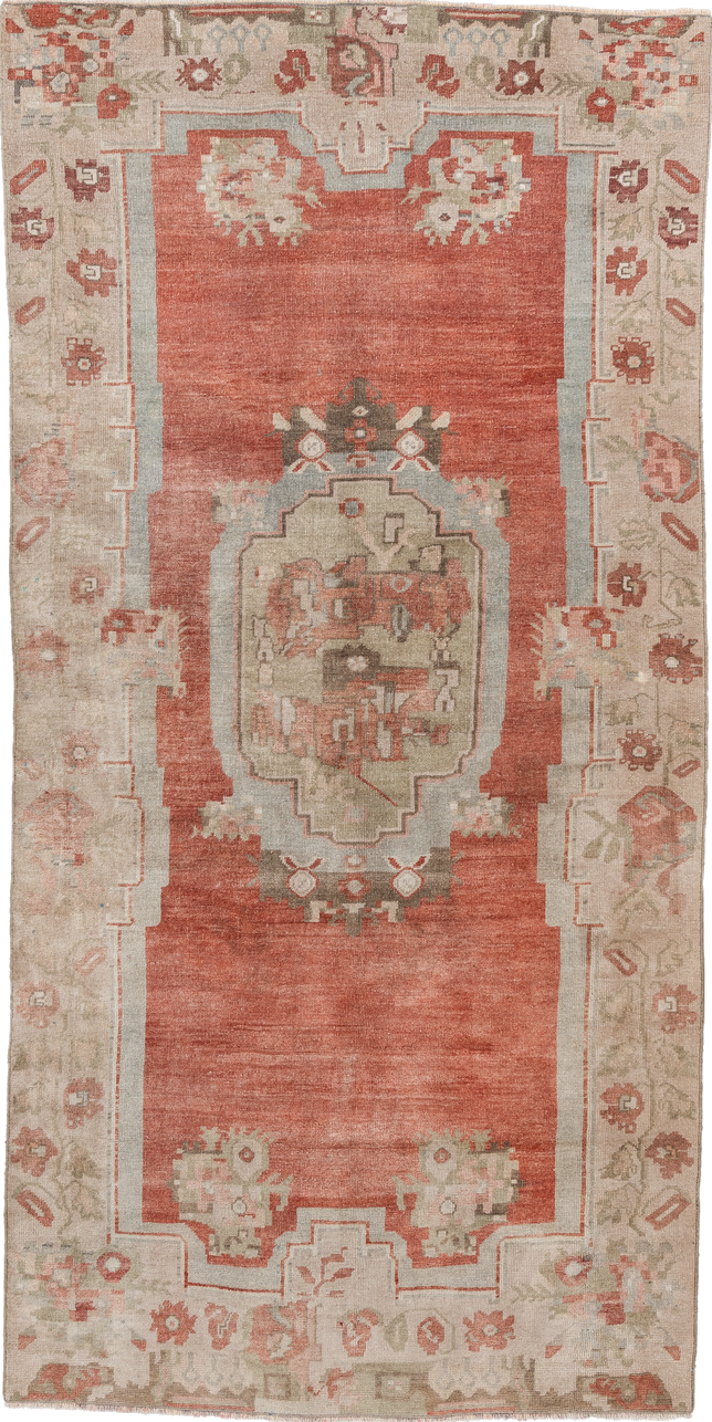 4' x 8' one-of-a-kind handmade vintage Anatolian runner rug. Color palette: brown, gray, light gray, off-white, pink, red