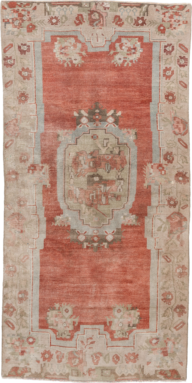 4' x 8' one-of-a-kind handmade antique Anatolian runner rug. Color palette: terra cotta, ivory, sage, taupe, rose, rust