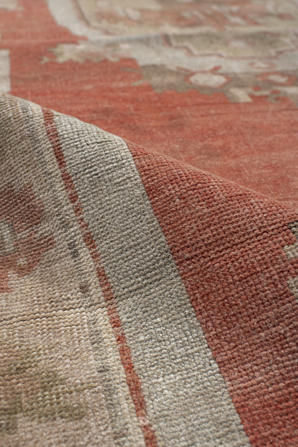 4' x 8' one-of-a-kind handmade antique Anatolian runner rug. Color palette: terra cotta, ivory, sage, taupe, rose, rust