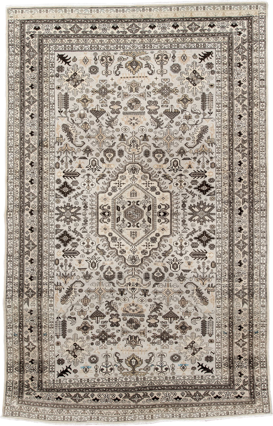5' x 8' one-of-a-kind handmade antique  medium size rug. Color palette: ivory, taupe, brown, charcoal, beige, gray, black
