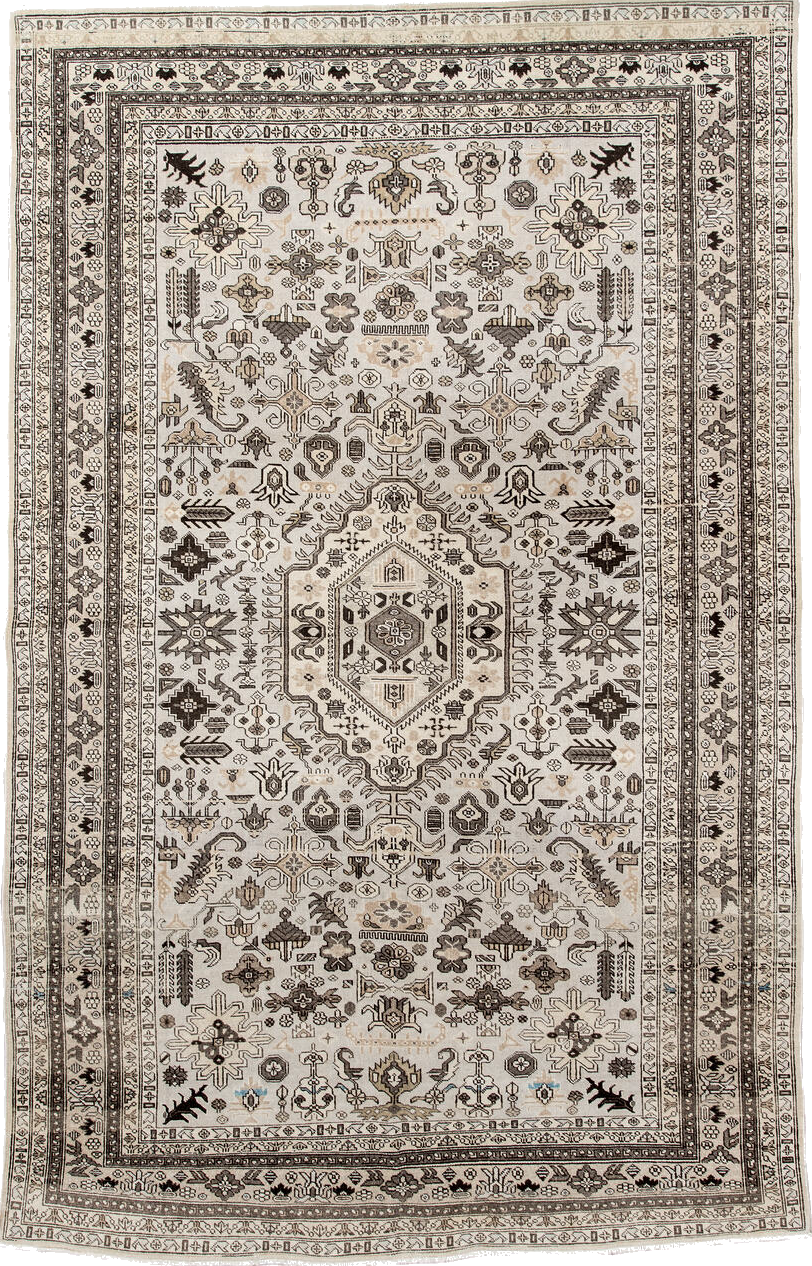 5' x 8' one-of-a-kind handmade vintage  medium size rug. Color palette: antiquewhite, black, gray, light gray, misty rose