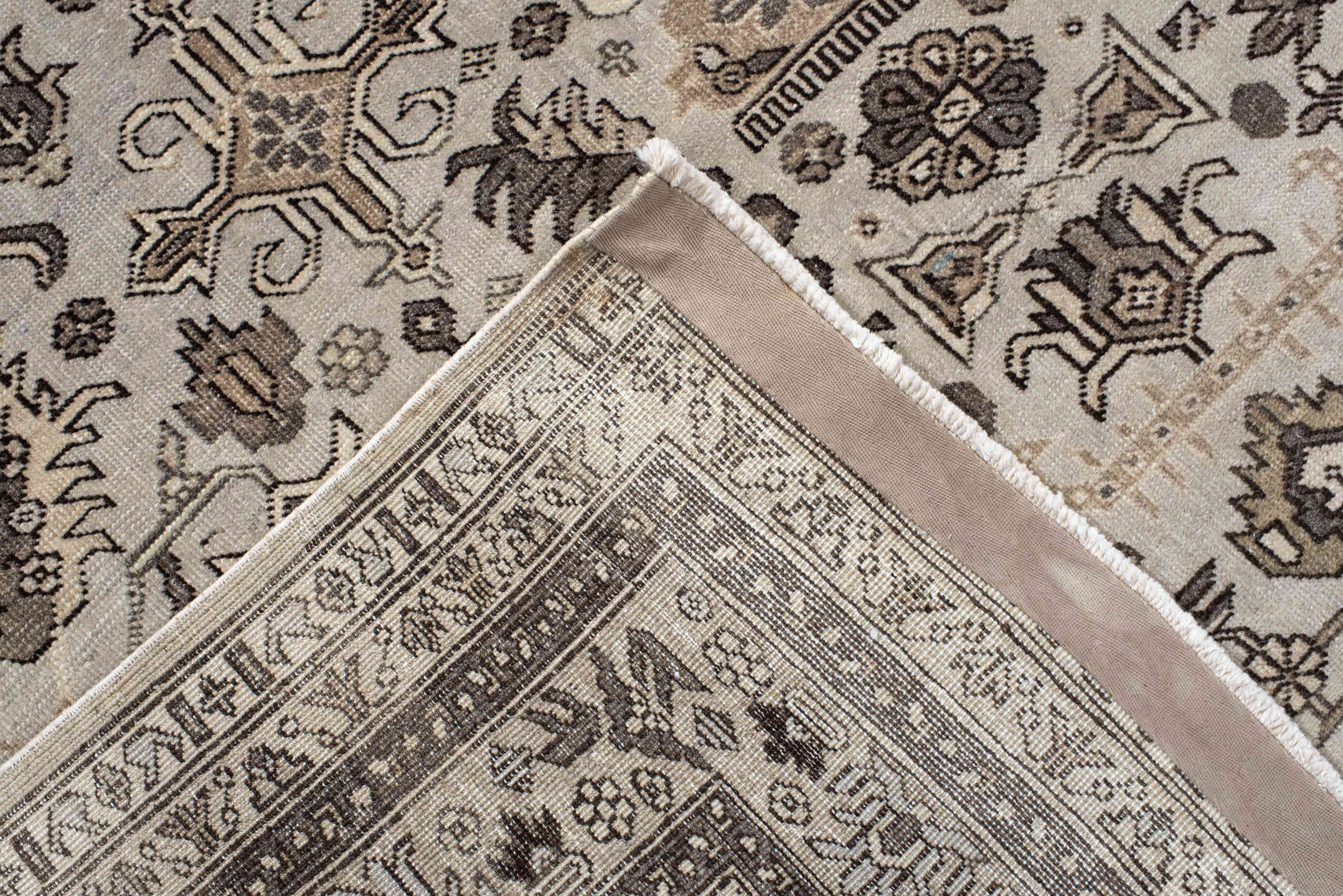 5' x 8' one-of-a-kind handmade antique  medium size rug. Color palette: ivory, taupe, brown, charcoal, beige, gray, black