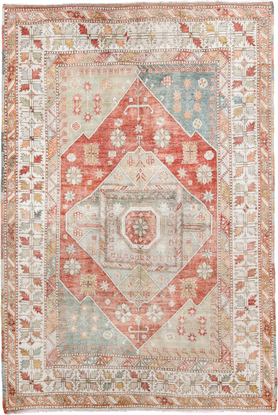 6' x 9' one-of-a-kind handmade antique Anatolian medium size rug. Color palette: ivory, coral, sage, pale_blue, taupe, gold