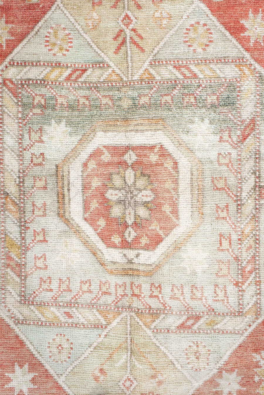 6' x 9' one-of-a-kind handmade antique Anatolian medium size rug. Color palette: ivory, coral, sage, pale_blue, taupe, gold