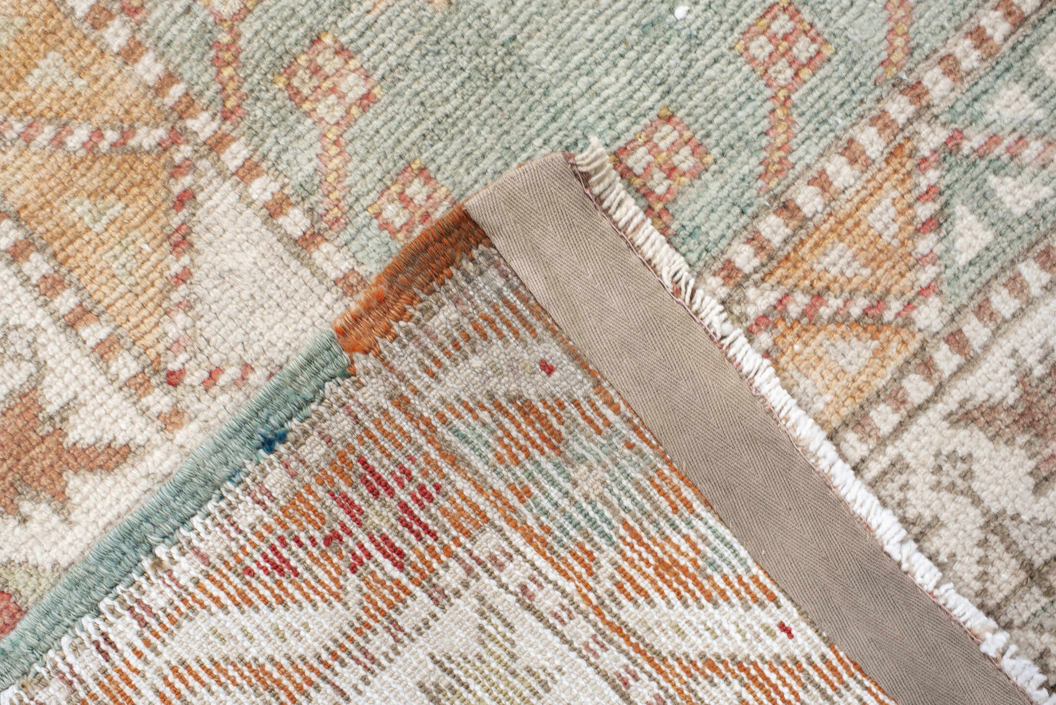 6' x 9' one-of-a-kind handmade antique Anatolian medium size rug. Color palette: ivory, coral, sage, pale_blue, taupe, gold