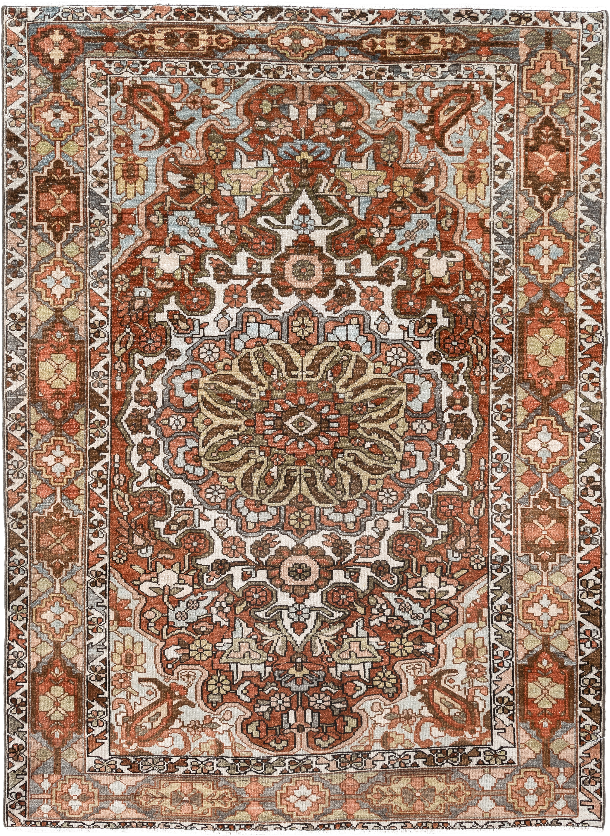 4' x 6' one-of-a-kind handmade vintage Baktiary small size rug. Color palette: ivory, rust, brown, sky blue, taupe, camel