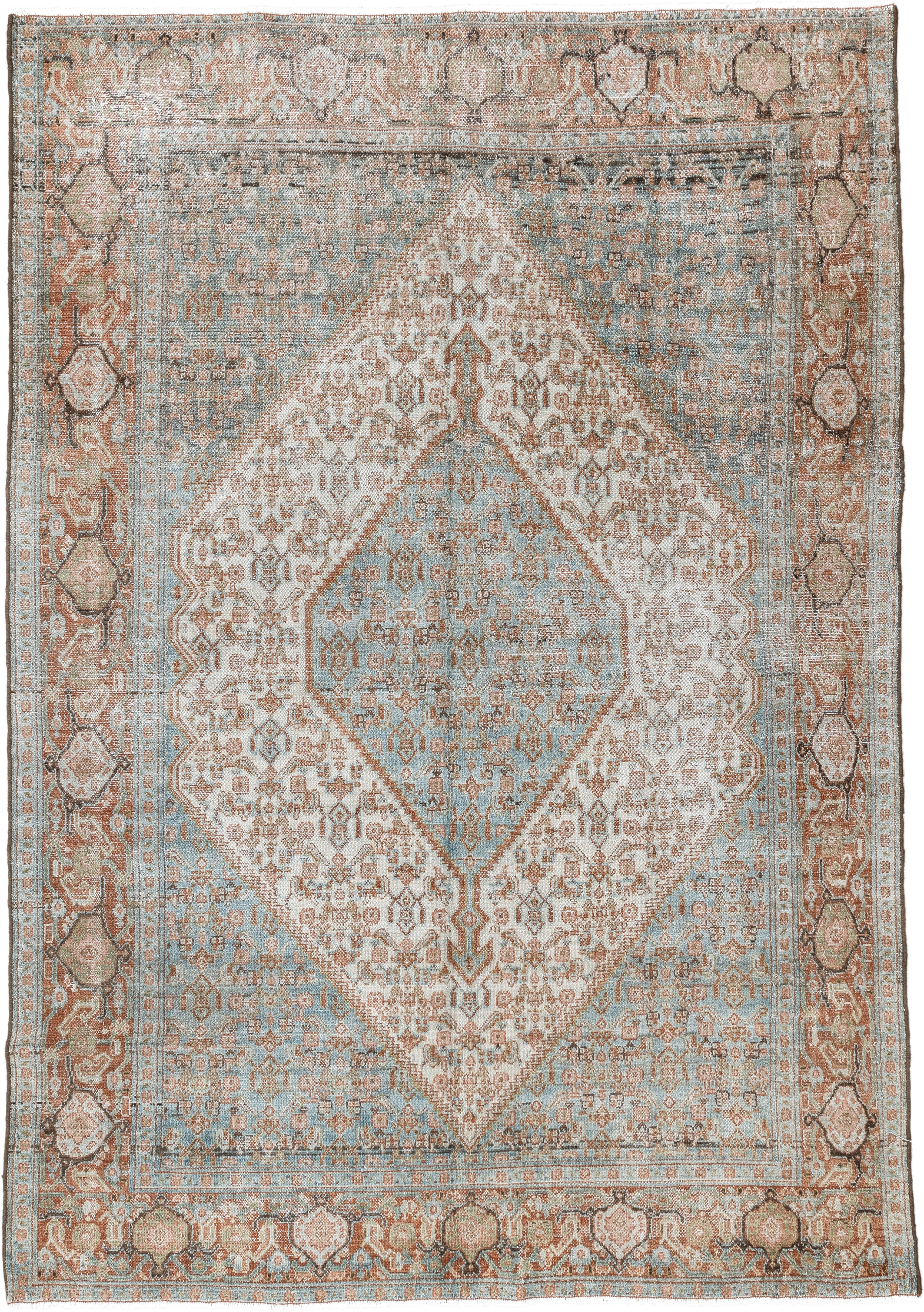 4' x 6' one-of-a-kind handmade vintage Senne small size rug. Color palette: ivory, aqua, terra cotta, taupe, camel, brown