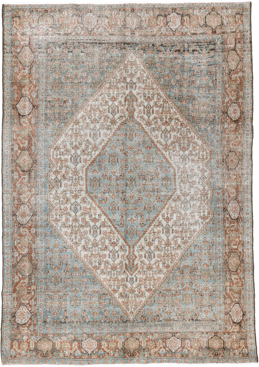 4' x 6' one-of-a-kind handmade vintage Senne small size rug. Color palette: ivory, aqua, terra cotta, taupe, camel, brown