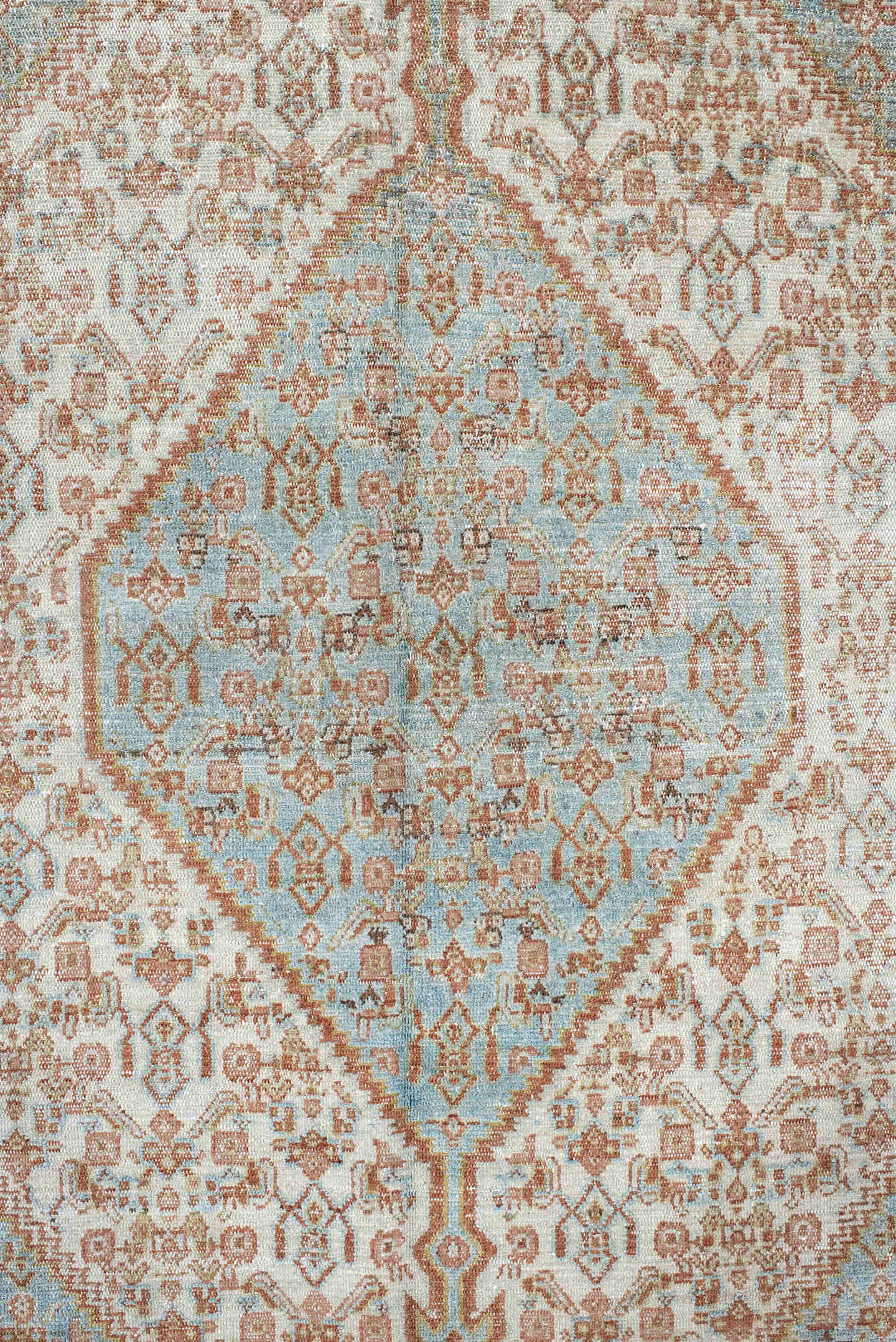4' x 6' one-of-a-kind handmade vintage Senne small size rug. Color palette: ivory, aqua, terra cotta, taupe, camel, brown
