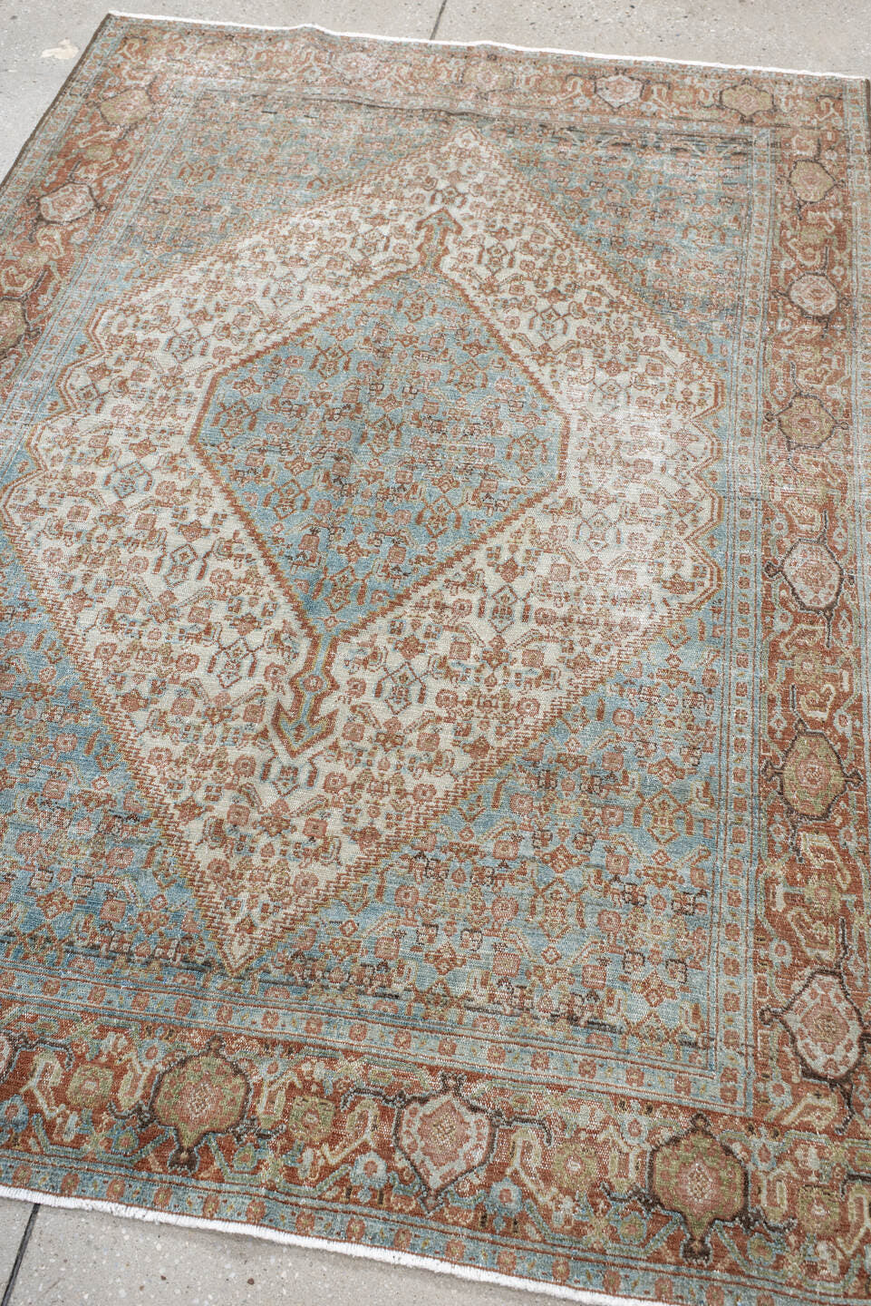 4' x 6' one-of-a-kind handmade vintage Senne small size rug. Color palette: ivory, aqua, terra cotta, taupe, camel, brown