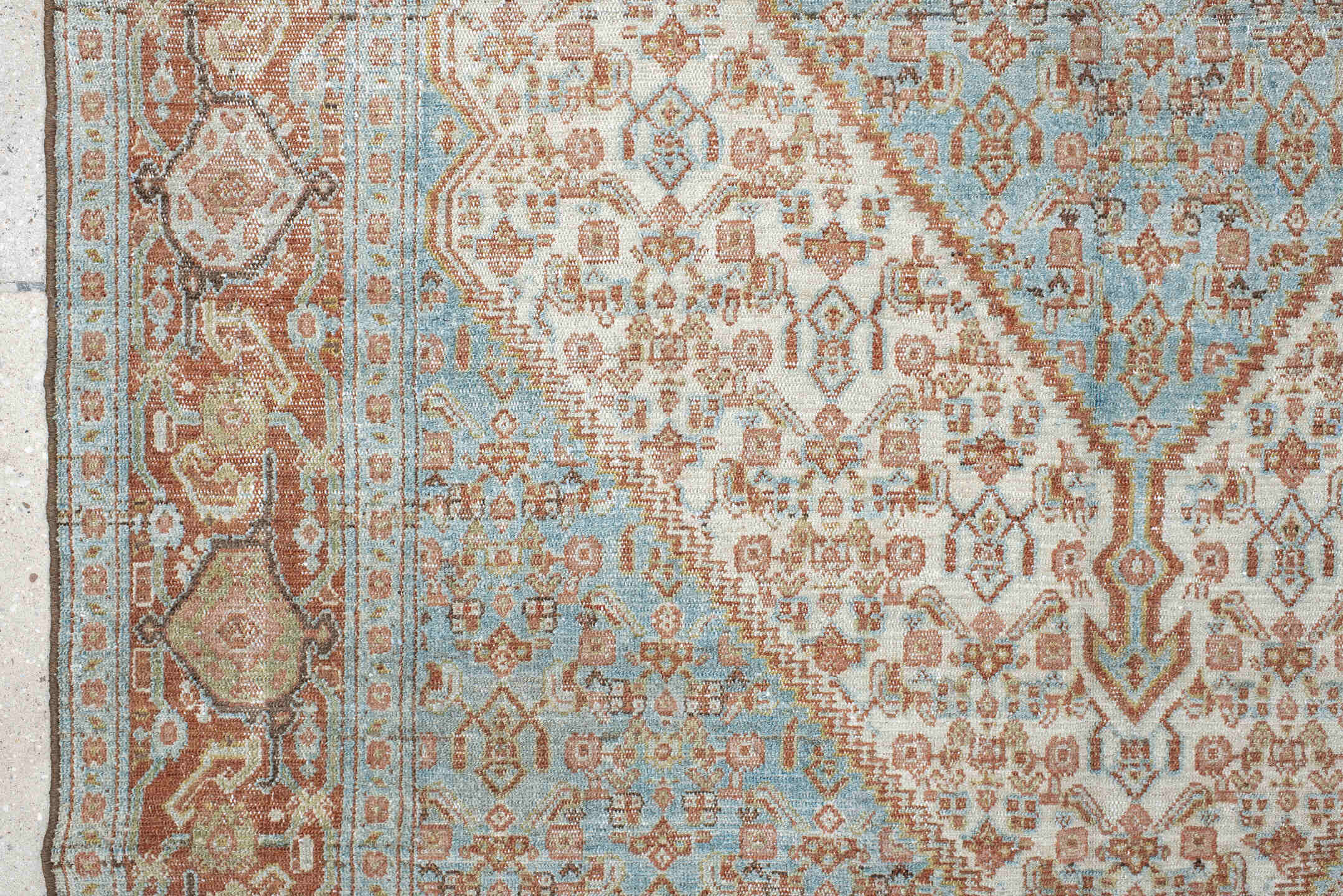 4' x 6' one-of-a-kind handmade vintage Senne small size rug. Color palette: ivory, aqua, terra cotta, taupe, camel, brown