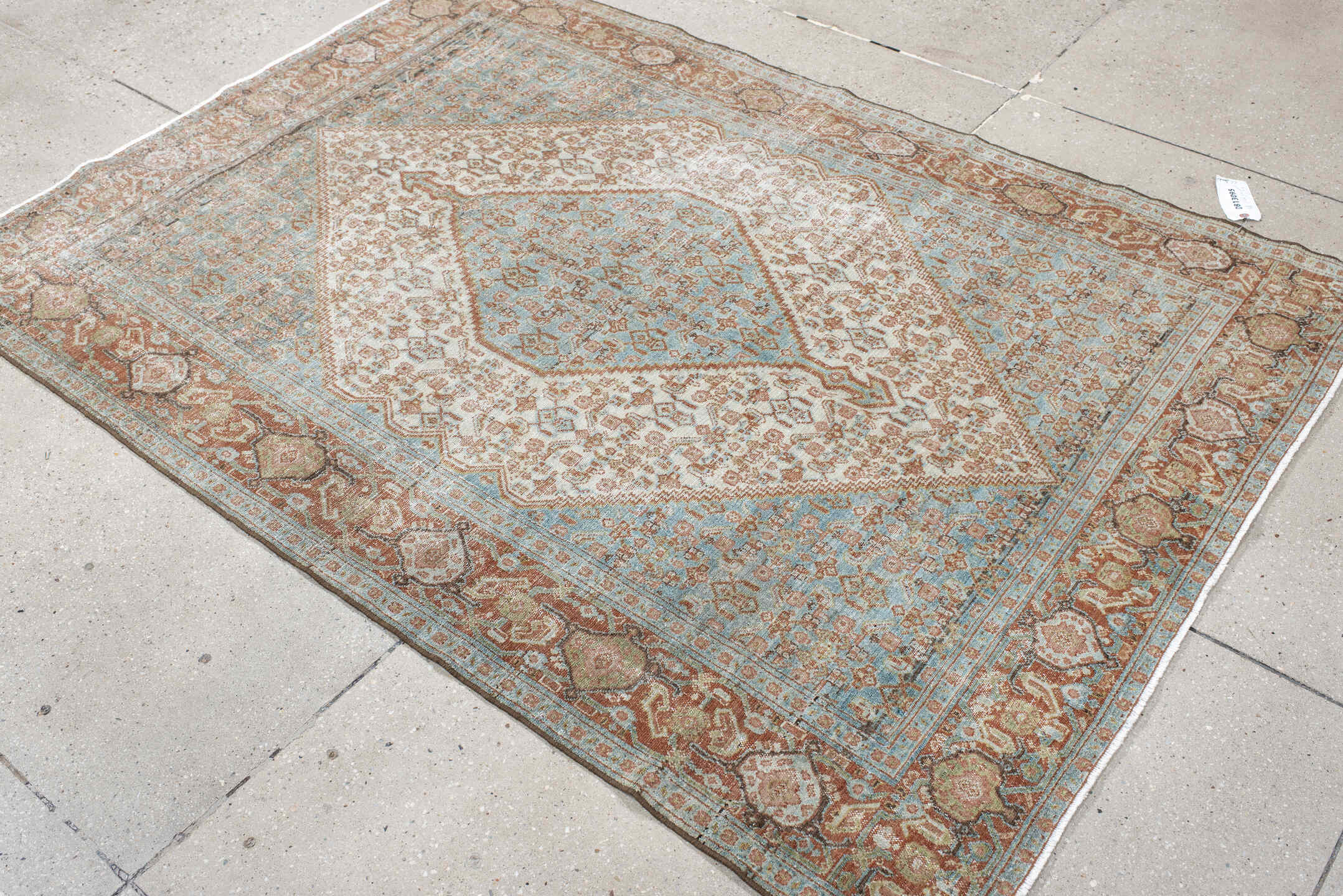 4' x 6' one-of-a-kind handmade vintage Senne small size rug. Color palette: ivory, aqua, terra cotta, taupe, camel, brown