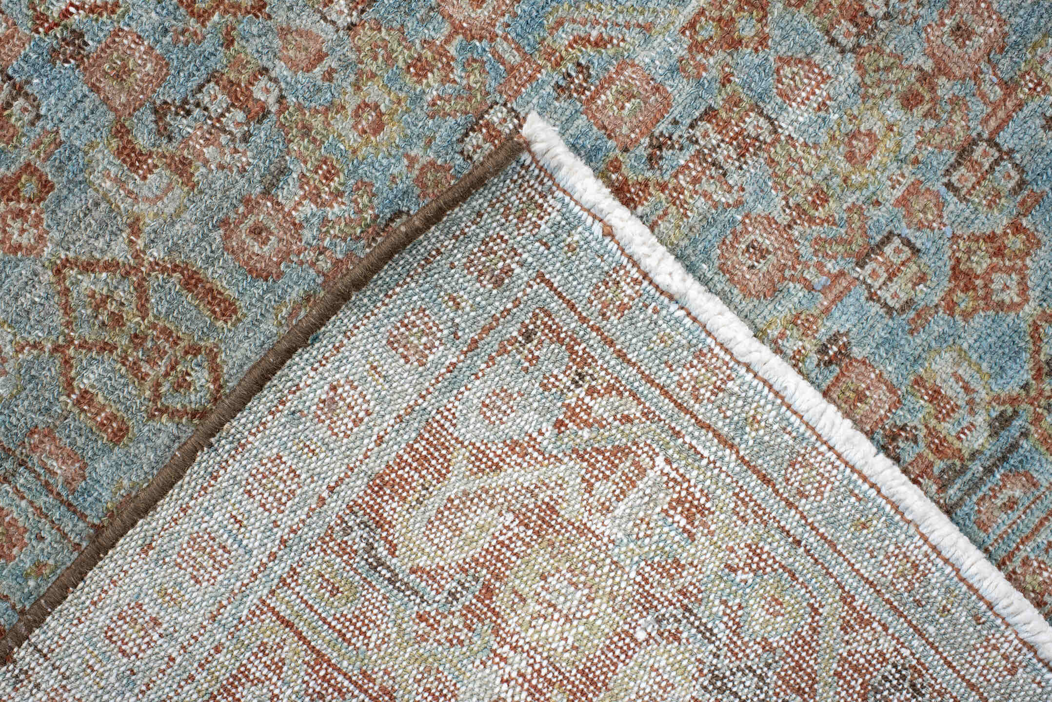 4' x 6' one-of-a-kind handmade vintage Senne small size rug. Color palette: ivory, aqua, terra cotta, taupe, camel, brown