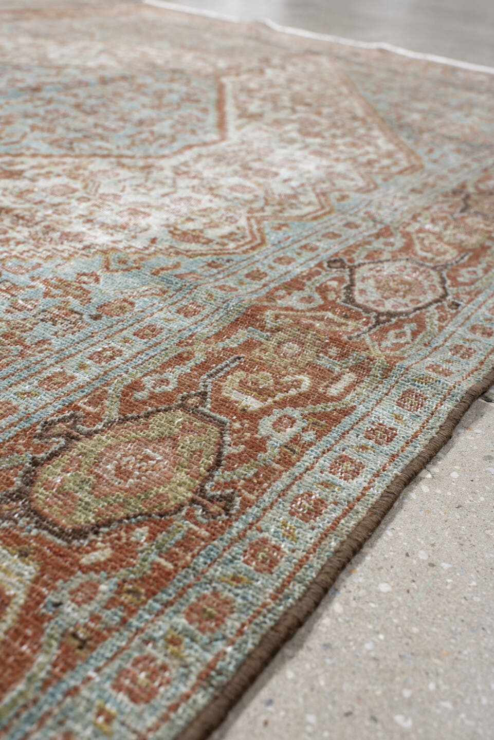 4' x 6' one-of-a-kind handmade vintage Senne small size rug. Color palette: ivory, aqua, terra cotta, taupe, camel, brown