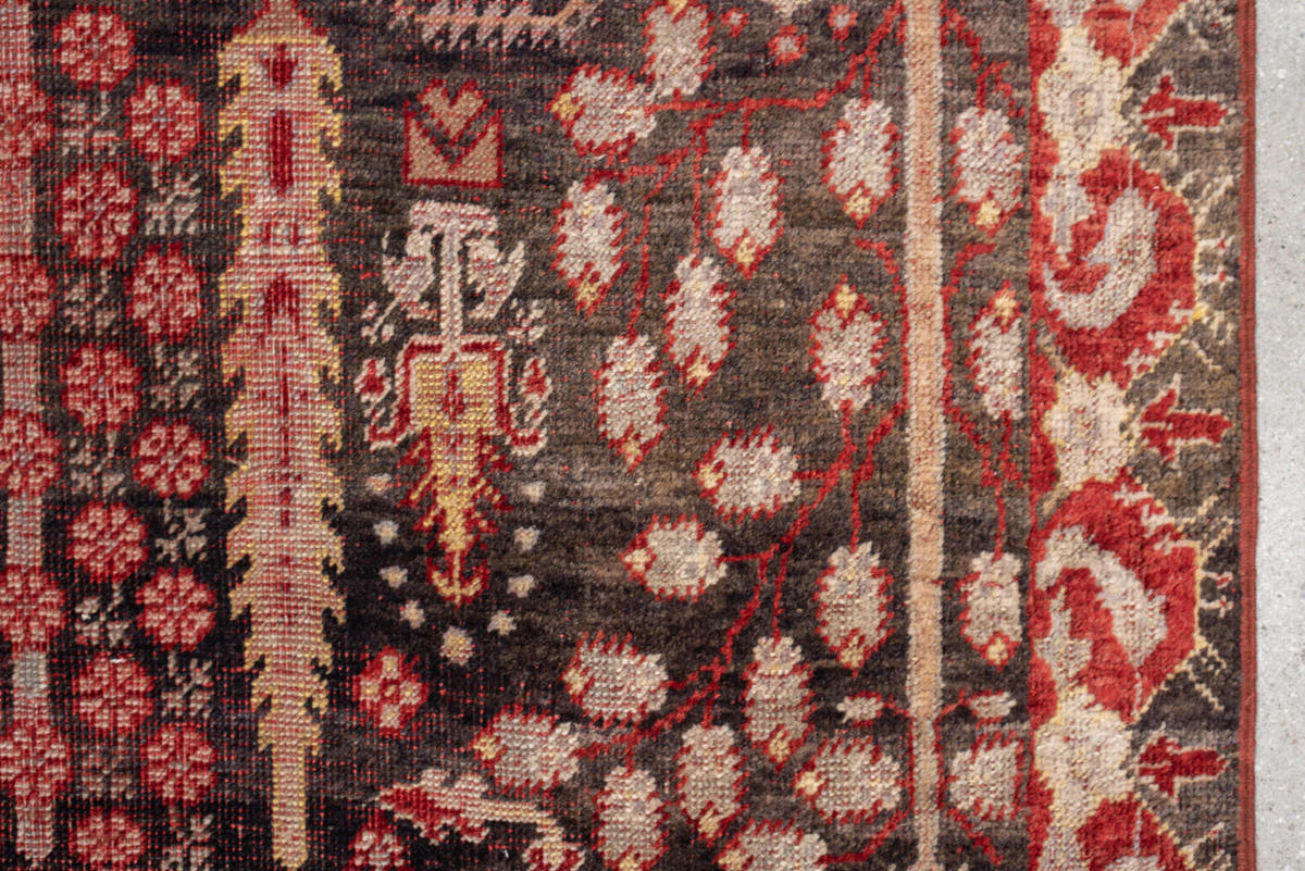 4' x 7' one-of-a-kind handmade vintage Anatolian rug. Color palette: charcoal, rust, ivory, rose, taupe, mahogany, black
