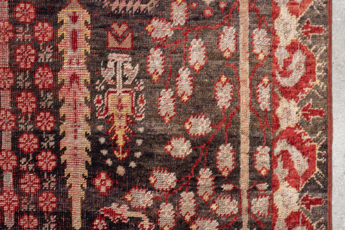 4' x 7' one-of-a-kind handmade vintage Anatolian rug. Color palette: charcoal, rust, ivory, rose, taupe, mahogany, black