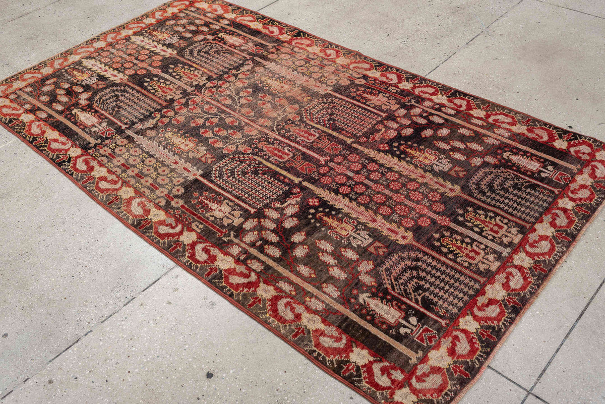 4' x 7' one-of-a-kind handmade vintage Anatolian rug. Color palette: charcoal, rust, ivory, rose, taupe, mahogany, black