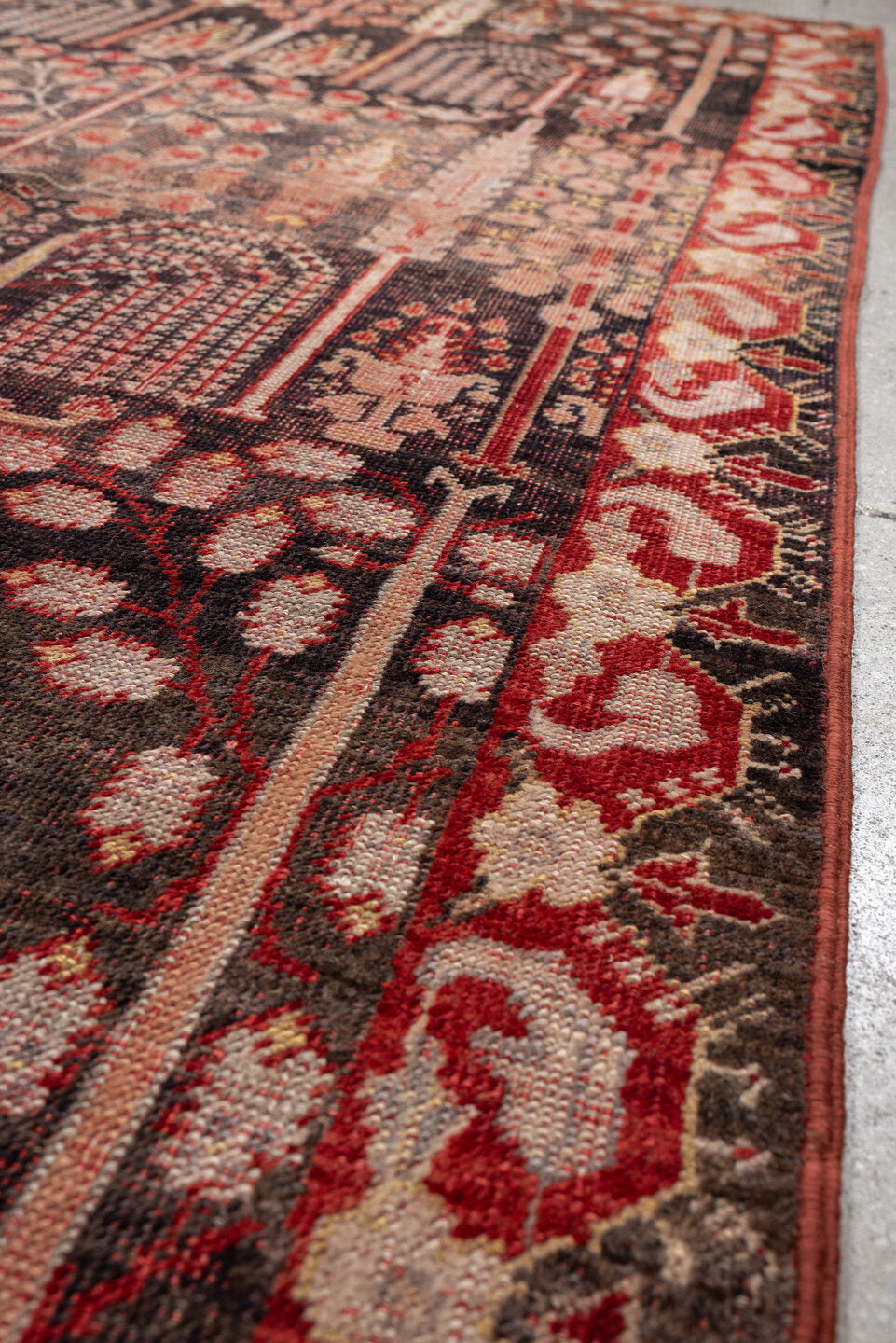 4' x 7' one-of-a-kind handmade vintage Anatolian rug. Color palette: charcoal, rust, ivory, rose, taupe, mahogany, black