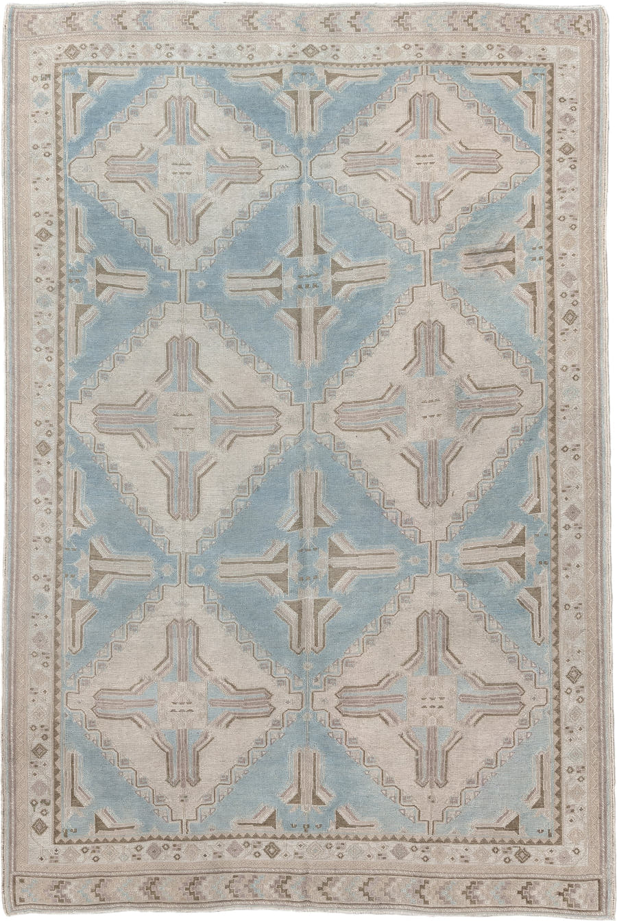 5' x 7' one-of-a-kind handmade antique Sumak rug. Color palette: ivory, light blue, taupe, beige, camel, gray