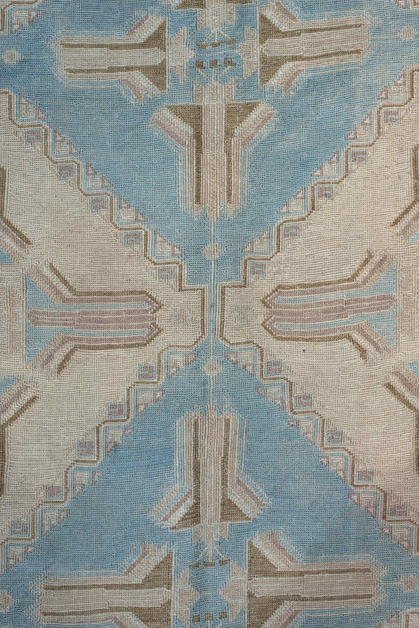 5' x 7' one-of-a-kind handmade antique Sumak rug. Color palette: ivory, light blue, taupe, beige, camel, gray