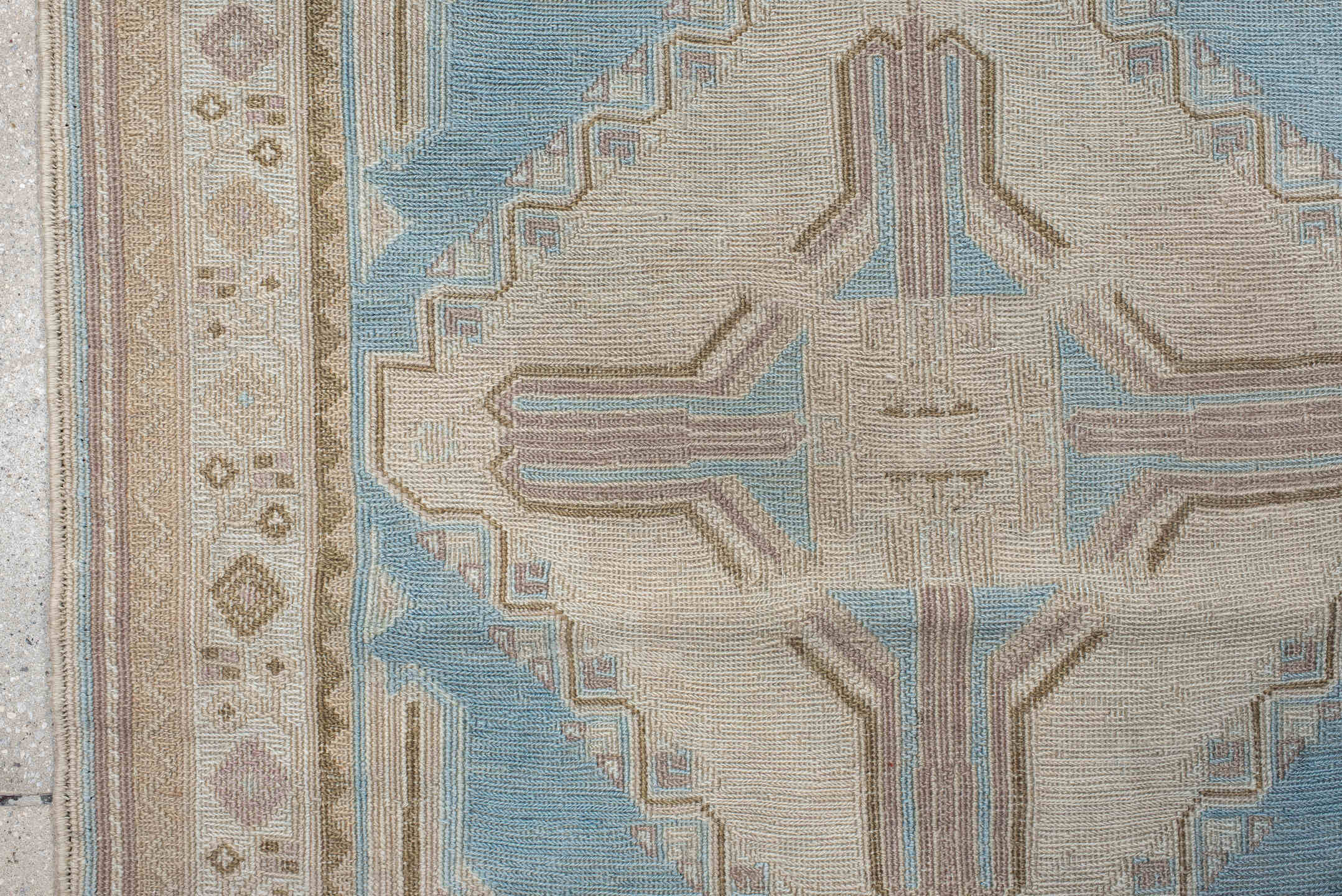 5' x 7' one-of-a-kind handmade antique Sumak rug. Color palette: ivory, light blue, taupe, beige, camel, gray