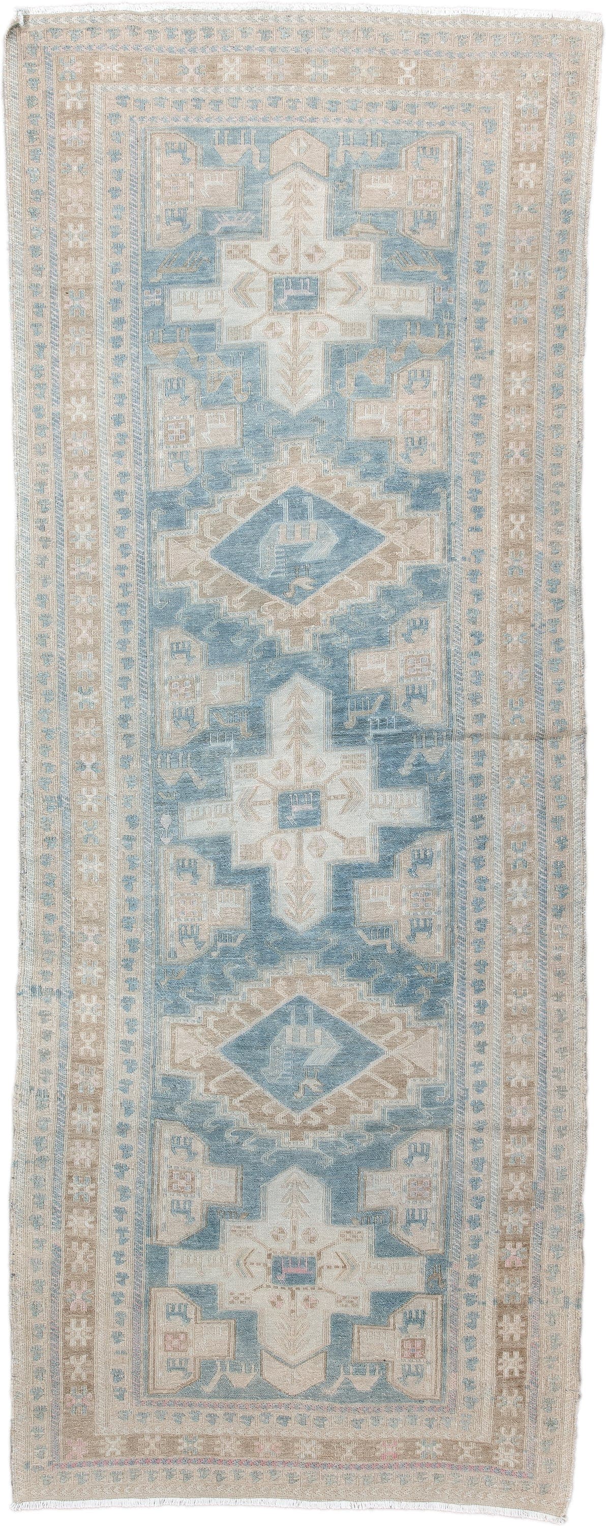 3' x 9' one-of-a-kind handmade vintage Sumak runner rug. Color palette: powder blue, ivory, taupe, beige, sand, pale brown