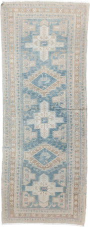 3' x 9' one-of-a-kind handmade vintage Sumak runner rug. Color palette: powder blue, ivory, taupe, beige, sand, pale brown