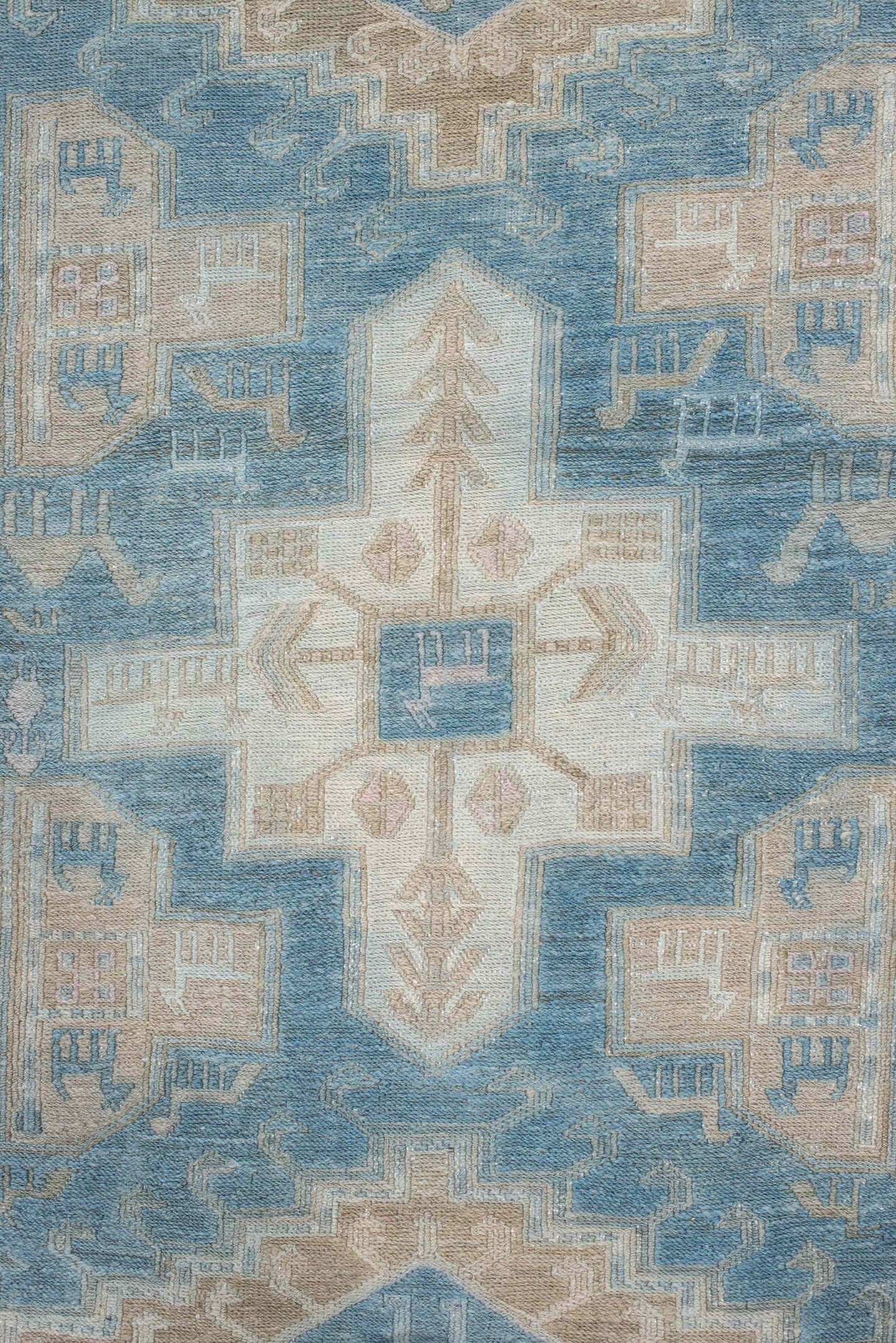 3' x 9' one-of-a-kind handmade vintage Sumak runner rug. Color palette: powder blue, ivory, taupe, beige, sand, pale brown