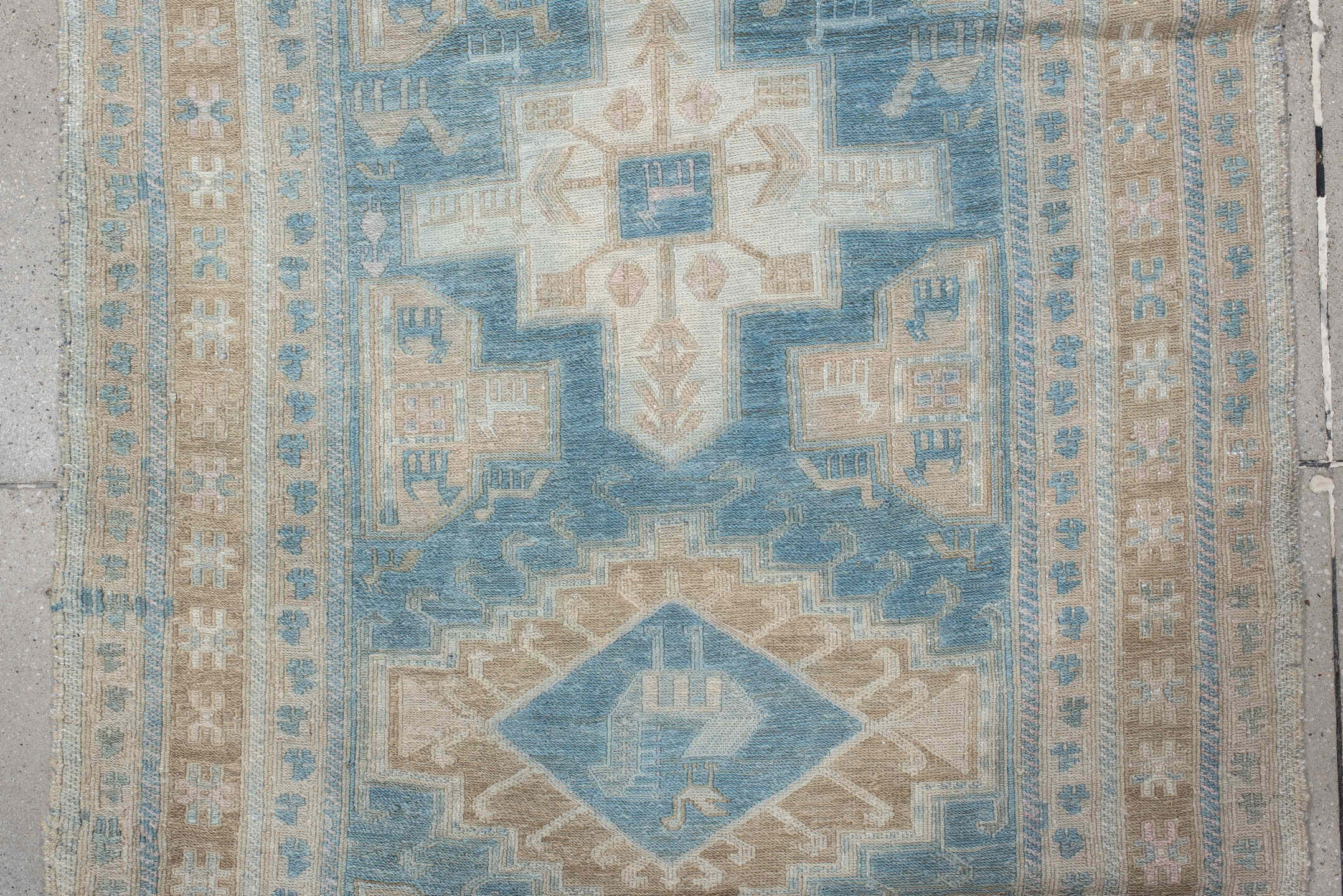 3' x 9' one-of-a-kind handmade vintage Sumak runner rug. Color palette: powder blue, ivory, taupe, beige, sand, pale brown