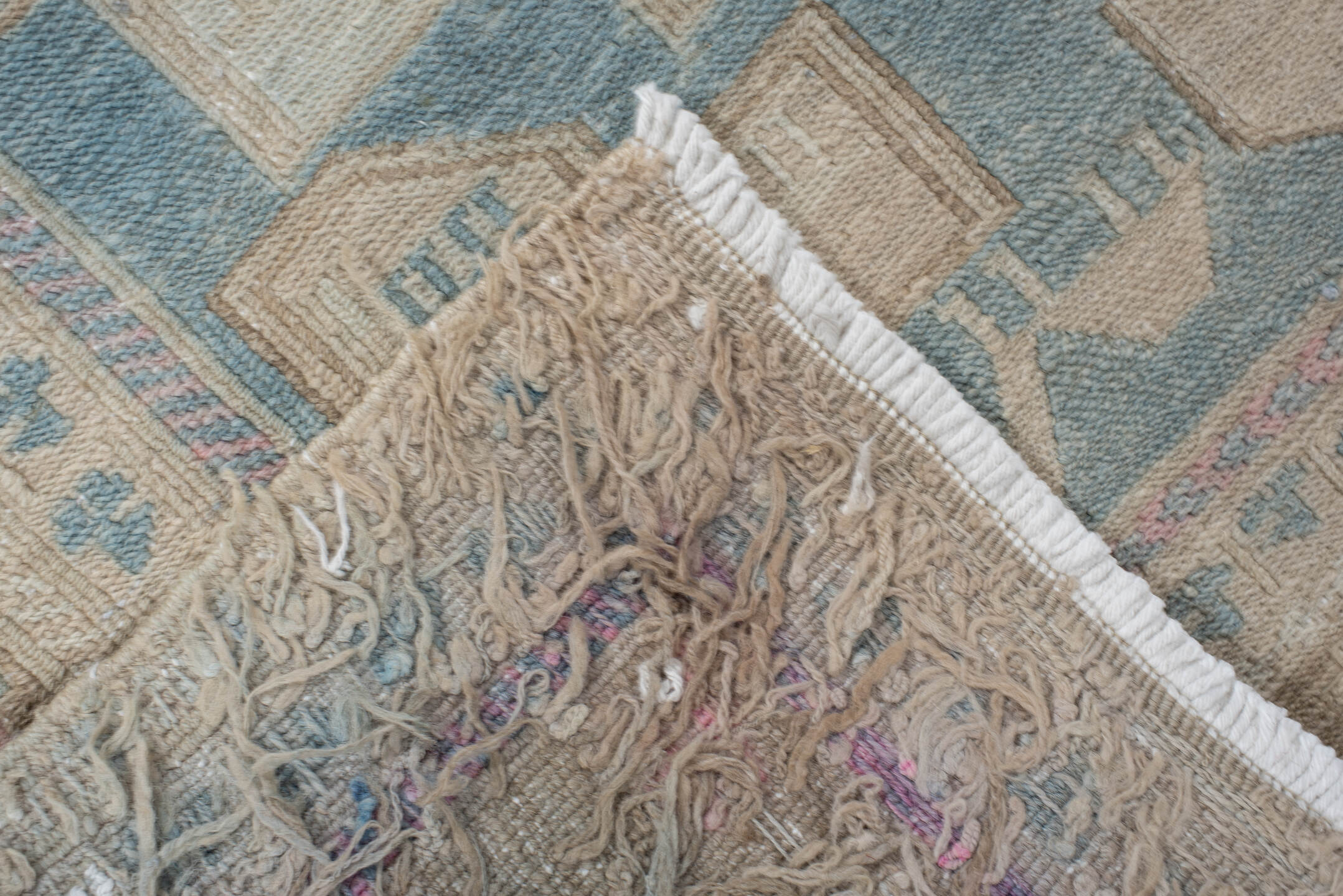 3' x 9' one-of-a-kind handmade vintage Sumak runner rug. Color palette: powder blue, ivory, taupe, beige, sand, pale brown