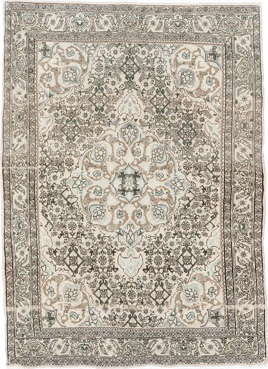 3' x 5' one-of-a-kind handmade vintage Bidjar small size rug. Color palette: ivory, taupe, sage, charcoal, cream, camel