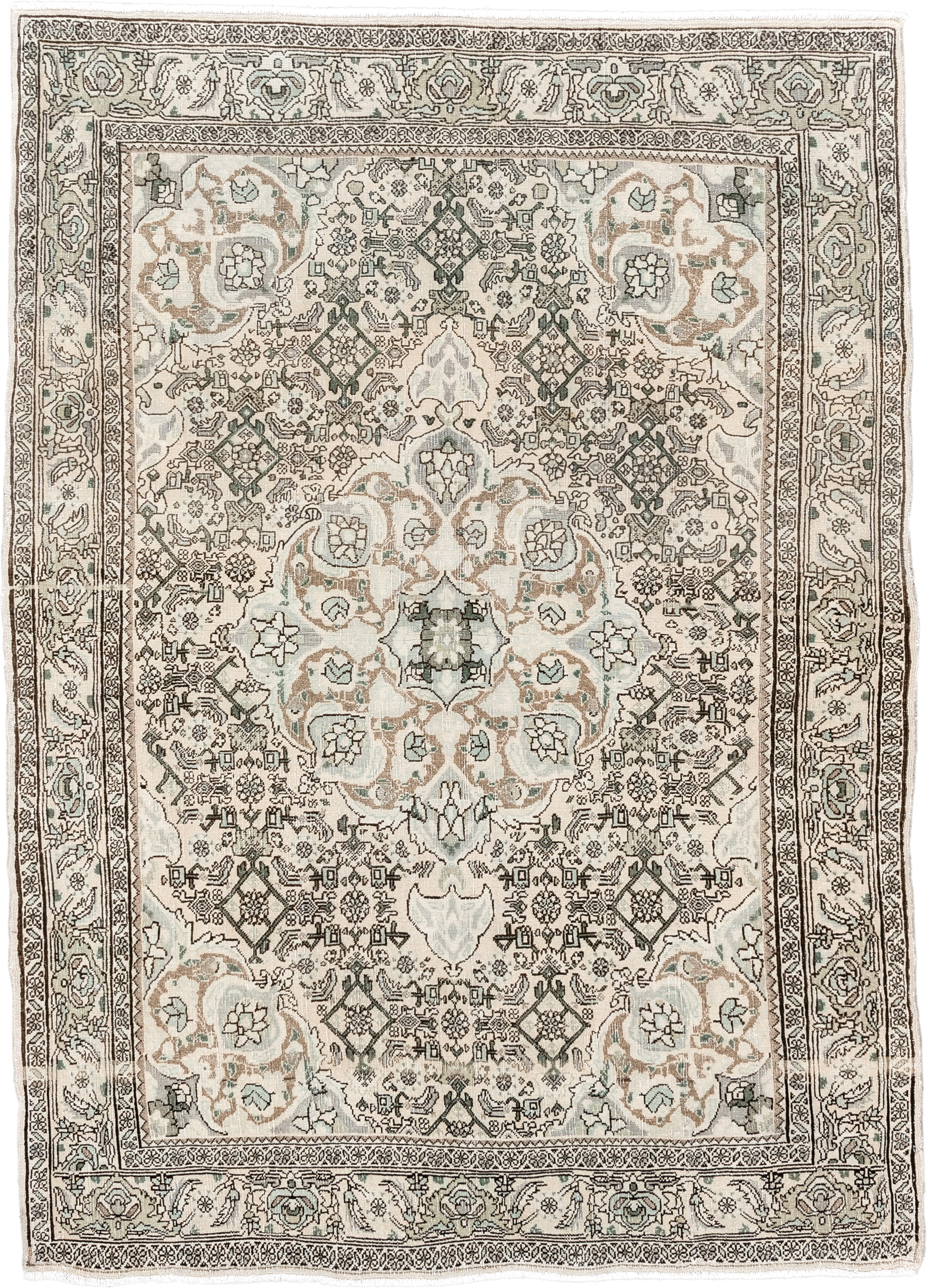 3' x 5' one-of-a-kind handmade vintage Bidjar small size rug. Color palette: ivory, taupe, sage, charcoal, cream, camel