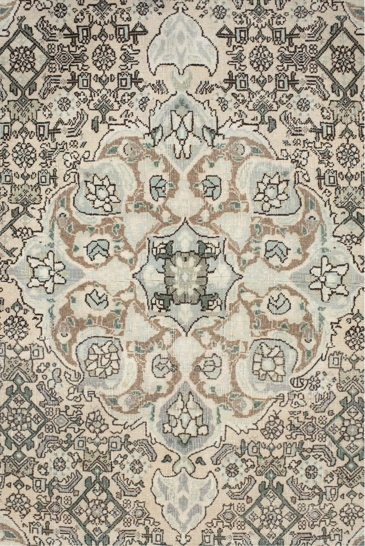 3' x 5' one-of-a-kind handmade vintage Bidjar small size rug. Color palette: ivory, taupe, sage, charcoal, cream, camel