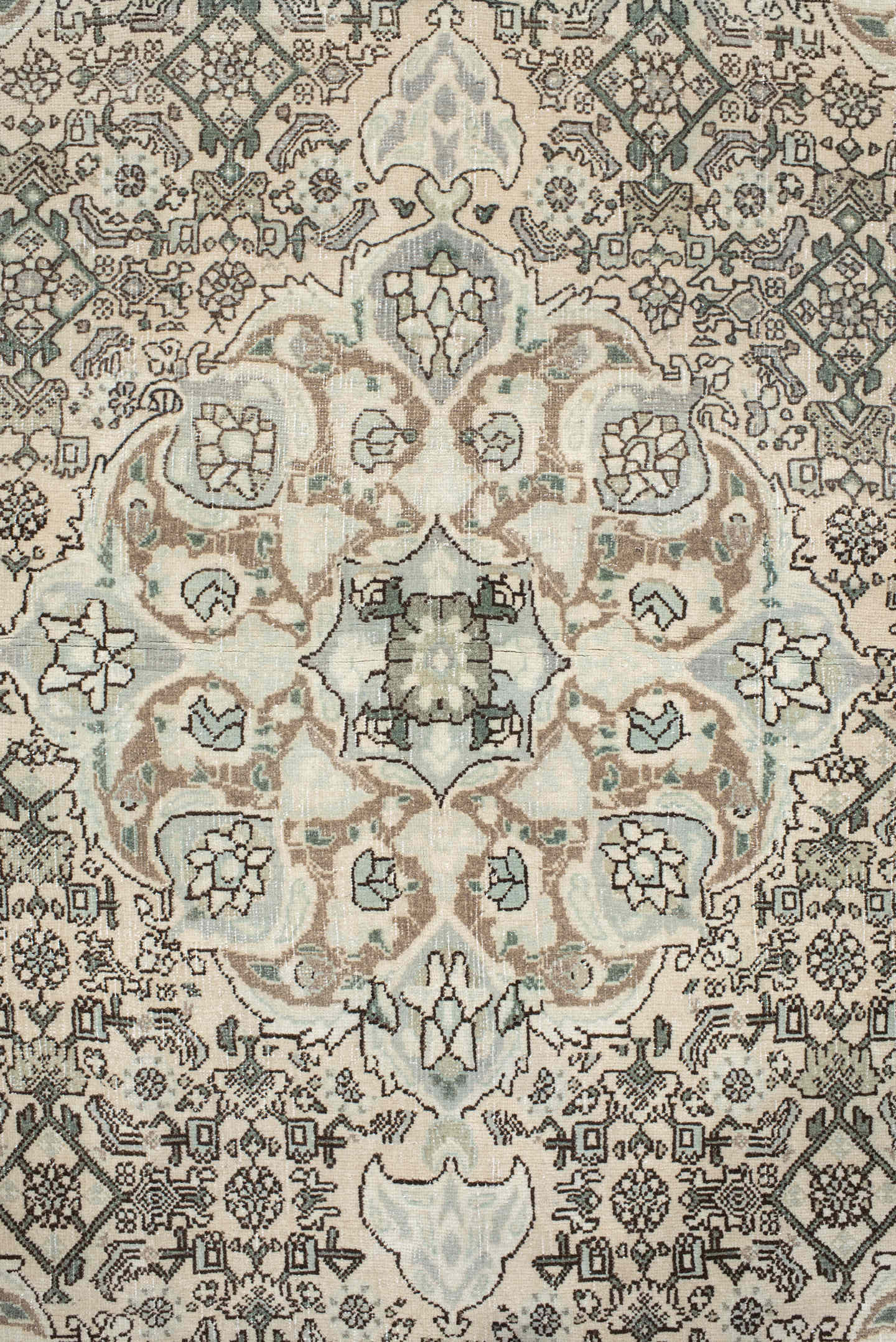 3' x 5' one-of-a-kind handmade vintage Bidjar small size rug. Color palette: ivory, taupe, sage, charcoal, cream, camel