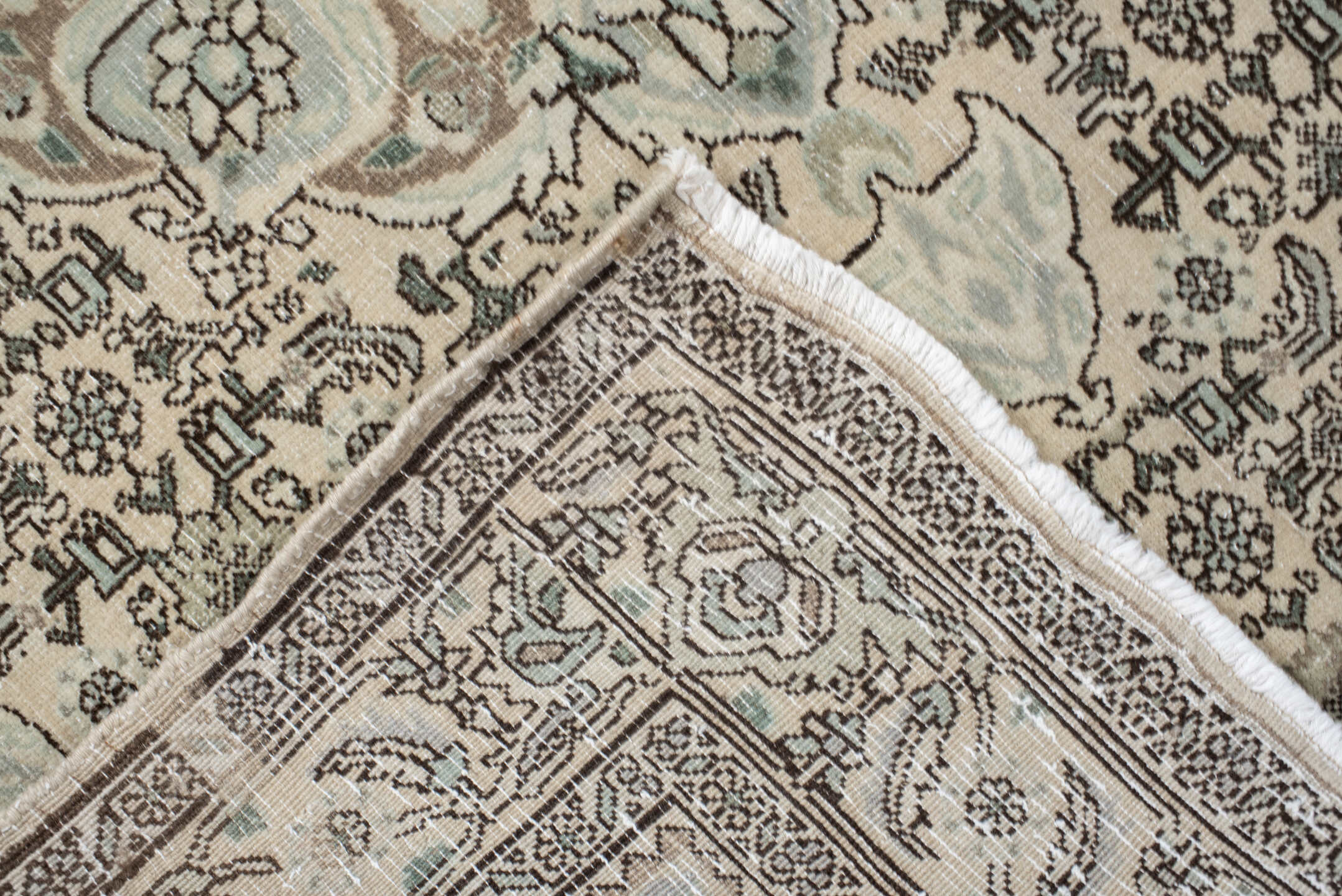 3' x 5' one-of-a-kind handmade vintage Bidjar small size rug. Color palette: ivory, taupe, sage, charcoal, cream, camel