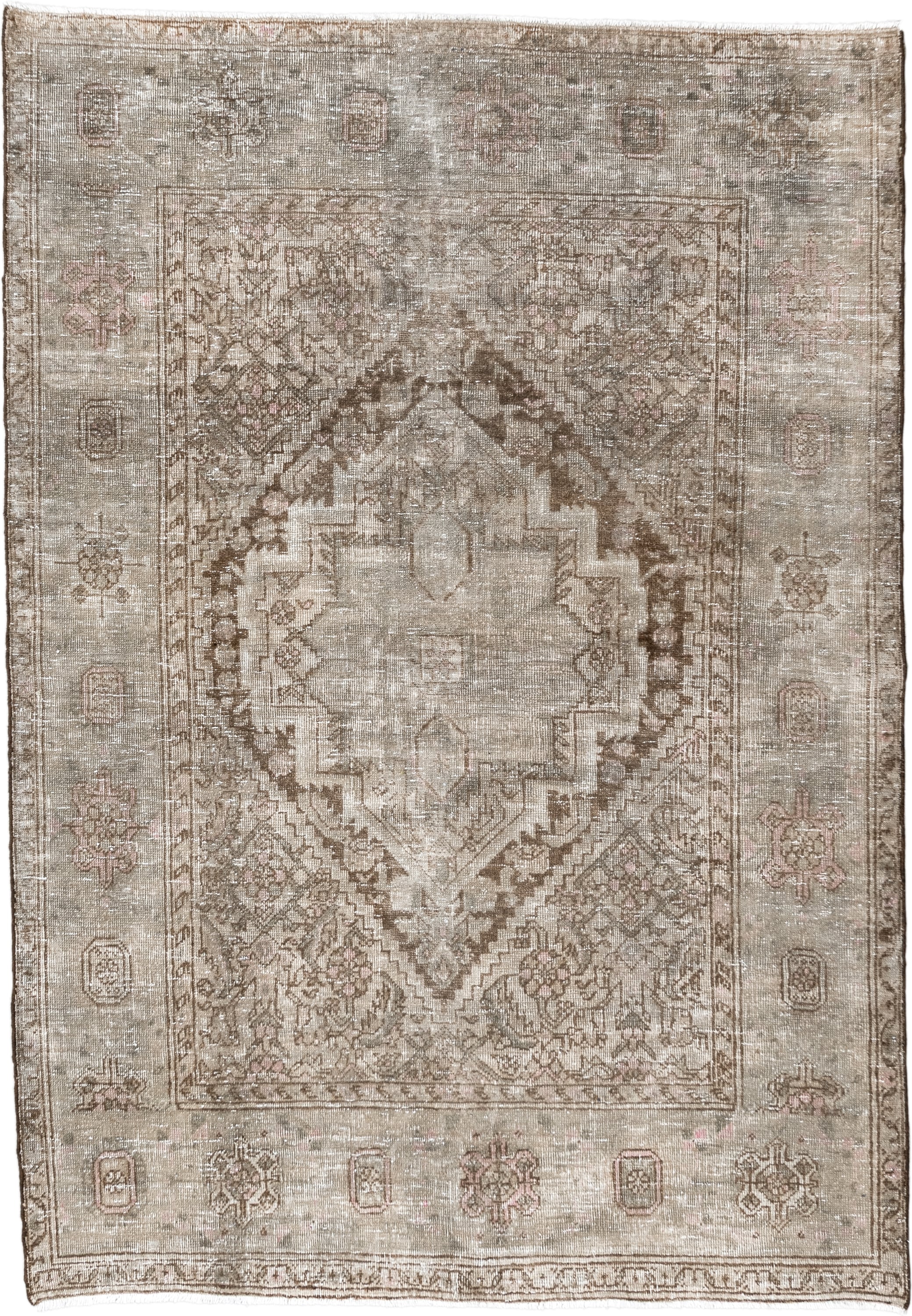 3' x 5' one-of-a-kind handmade vintage Sarouk small size rug. Color palette: taupe, ivory, beige, brown, blush, camel, gray