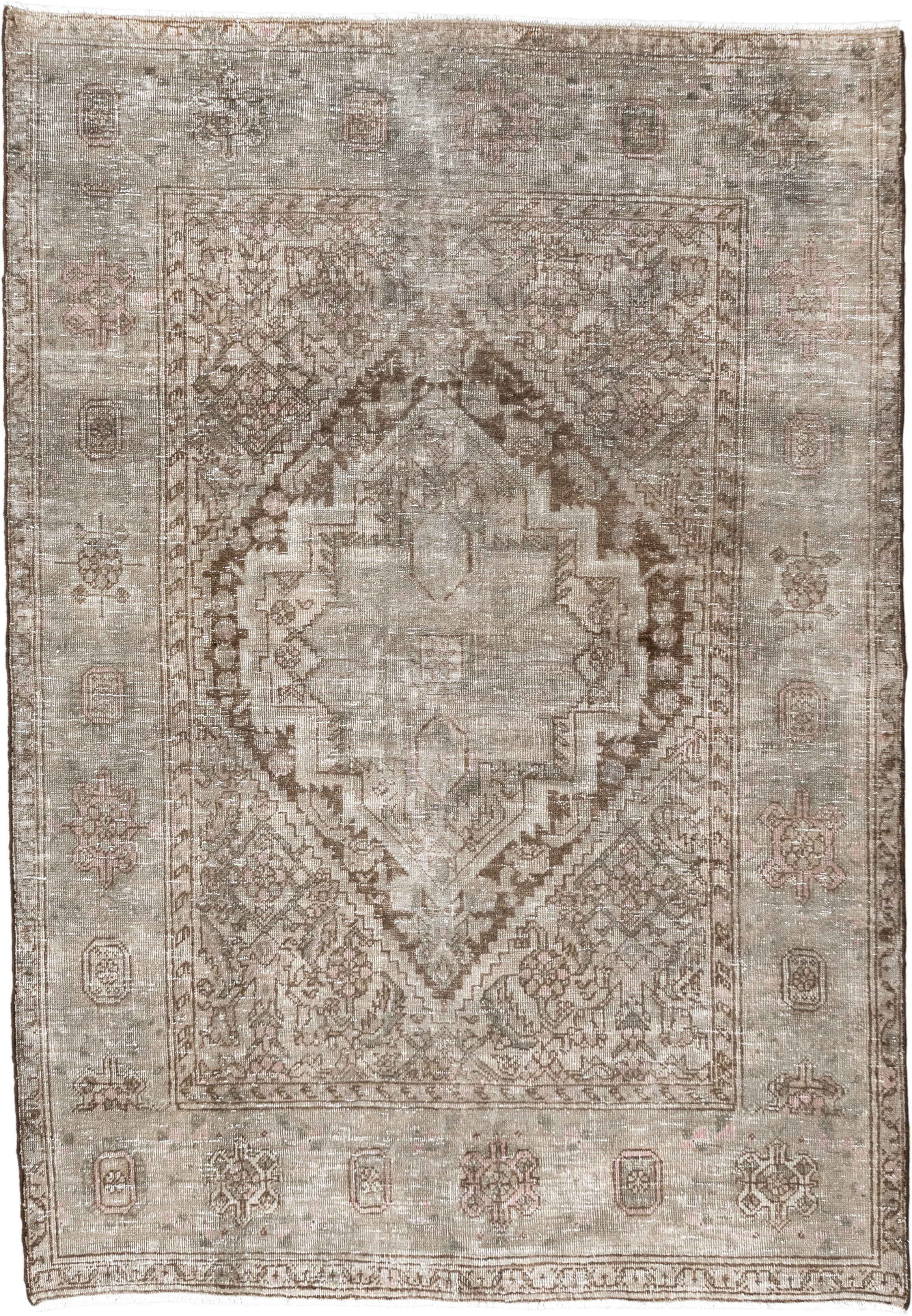 3' x 5' one-of-a-kind handmade vintage Sarouk small size rug. Color palette: taupe, ivory, beige, brown, blush, camel, gray
