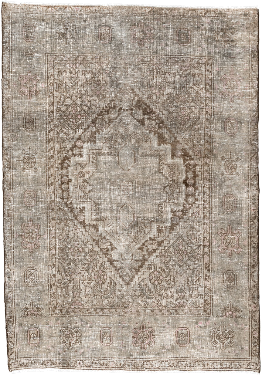 3' x 5' one-of-a-kind handmade vintage Sarouk small size rug. Color palette: taupe, ivory, beige, brown, blush, camel, gray