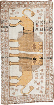 3' x 6' one-of-a-kind handmade antique Gabbe small size rug. Color palette: ivory, camel, taupe, tan, rose, charcoal, beige