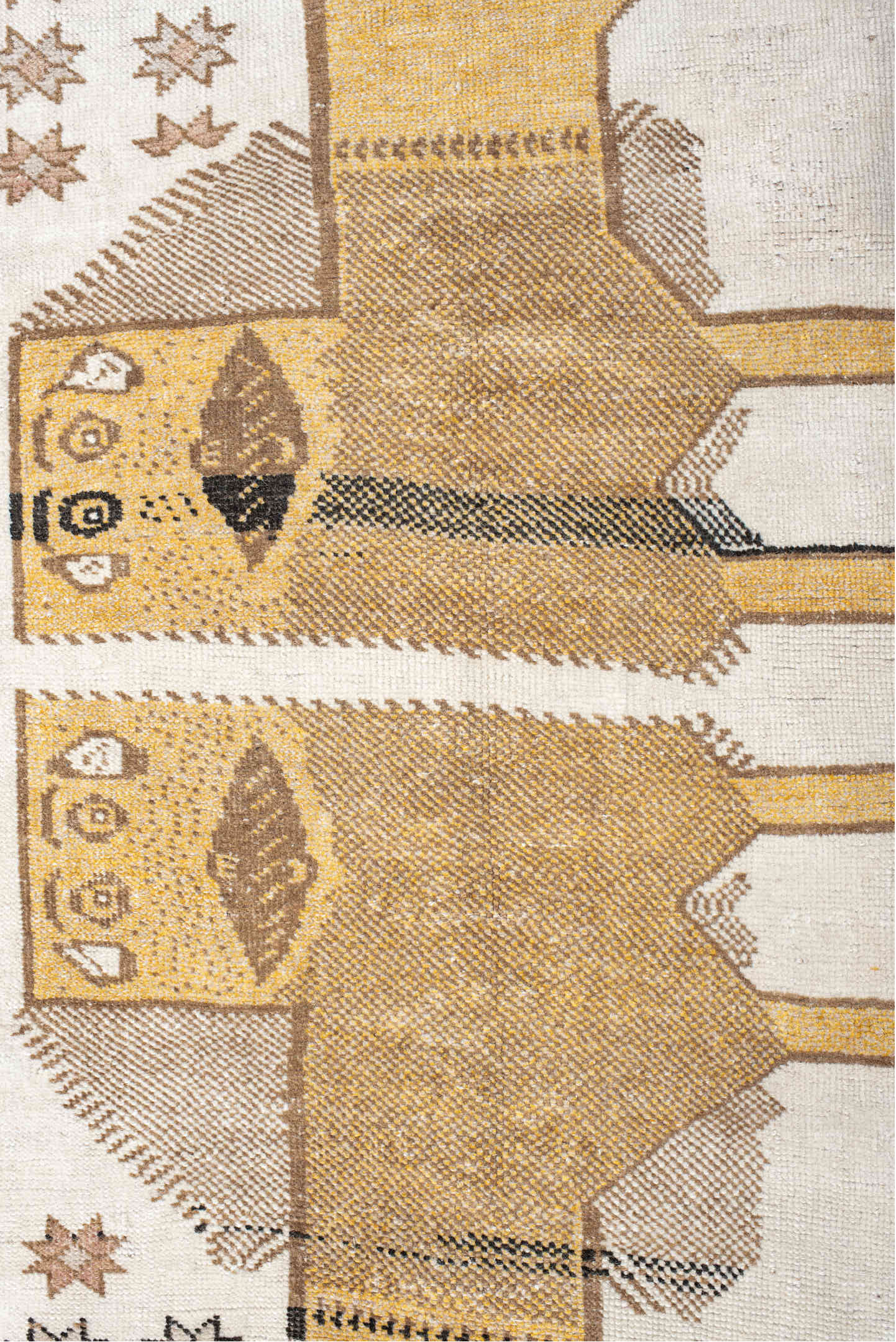 3' x 6' one-of-a-kind handmade antique Gabbe small size rug. Color palette: ivory, camel, taupe, tan, rose, charcoal, beige
